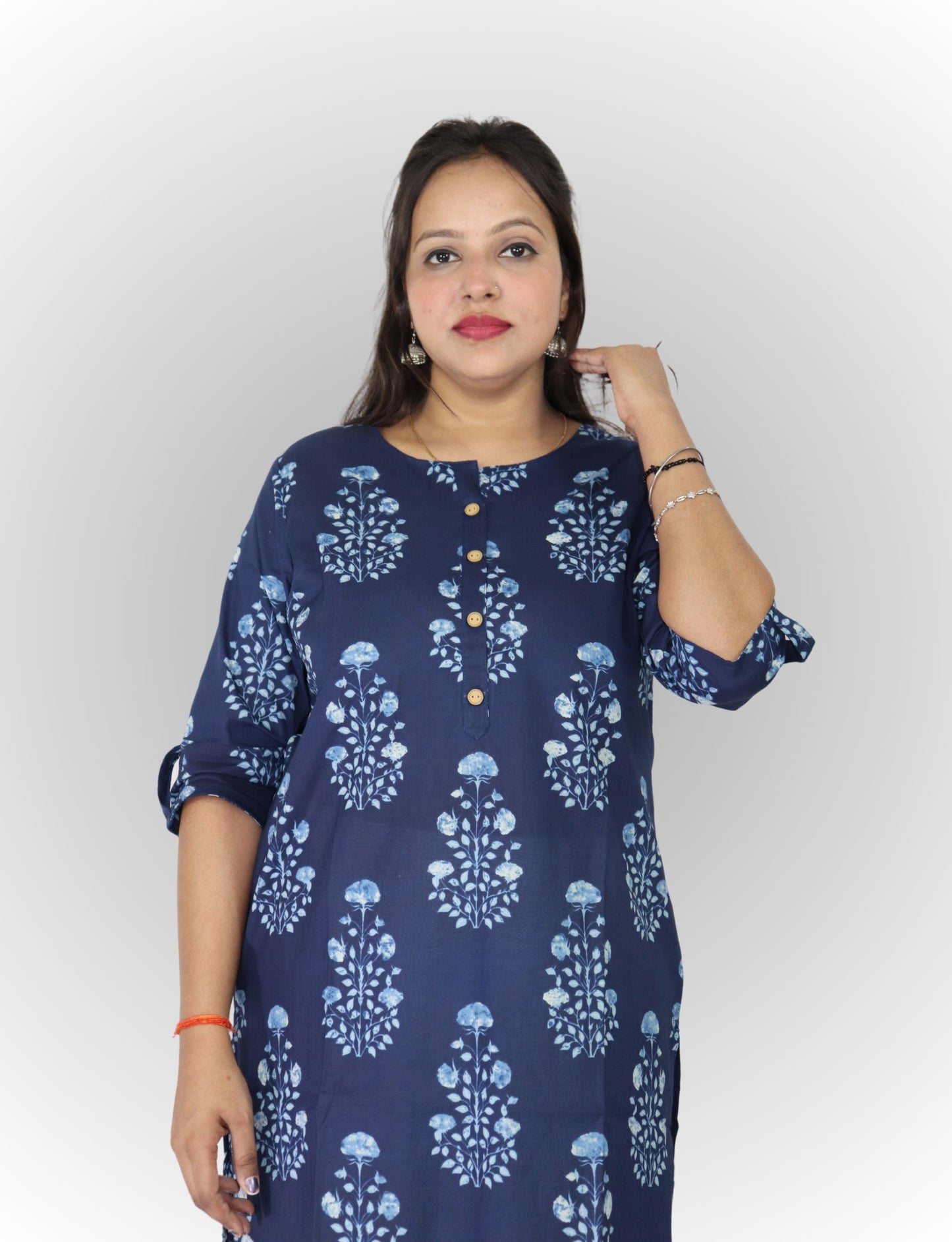Vedickulture Women's Floral Print Cotton Kurti, Navy Blue with Light Blue Pattern, 3/4 Sleeves, Button Front Search this page
