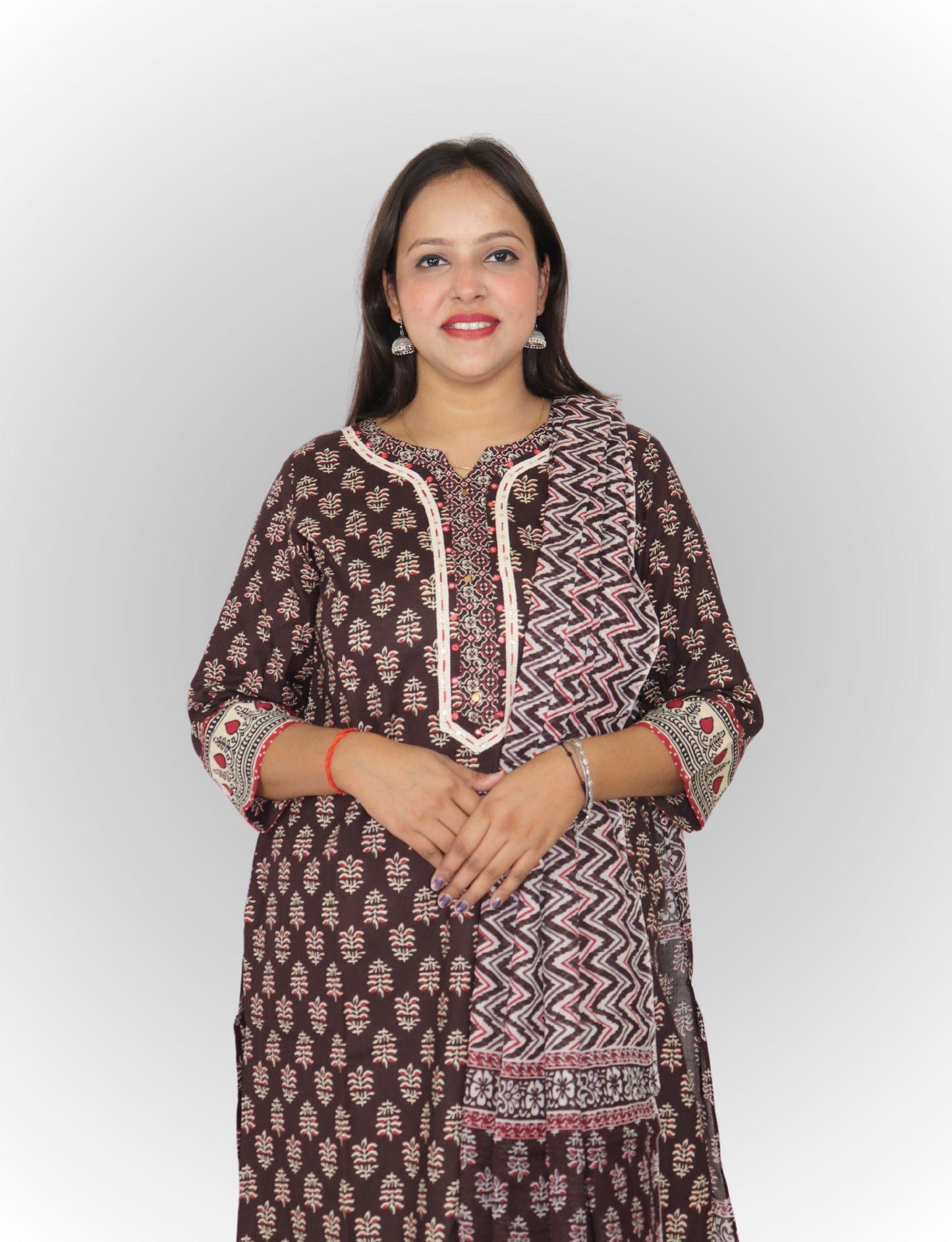 Traditional Block Print Cotton Kurta Set with Chevron Design, Brown and Pink