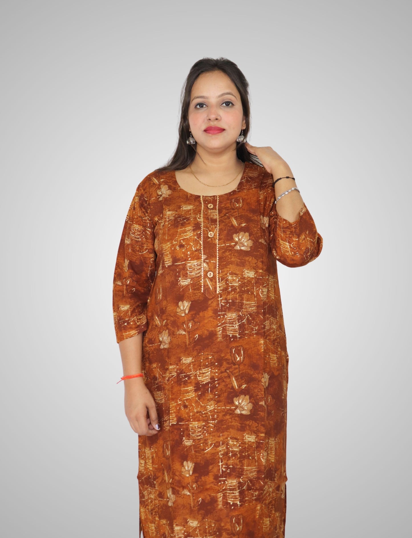 Women's Brown Floral Print Cotton Kurti, 3/4 Sleeve, Button Front, Casual Wear