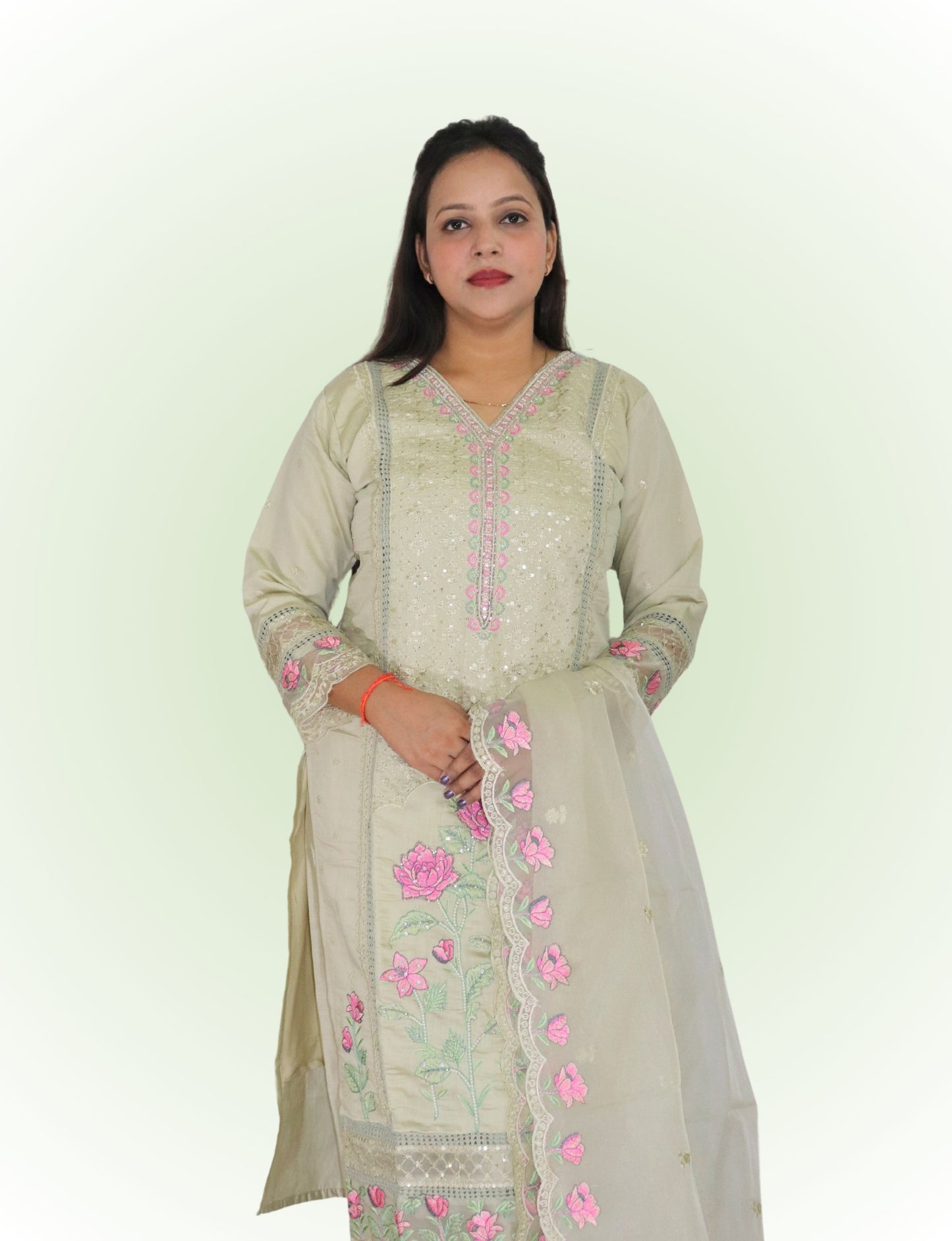 Women's Embroidered Cotton Salwar Suit Set, Light Sage Green with Pink Floral Work, 3 Piece