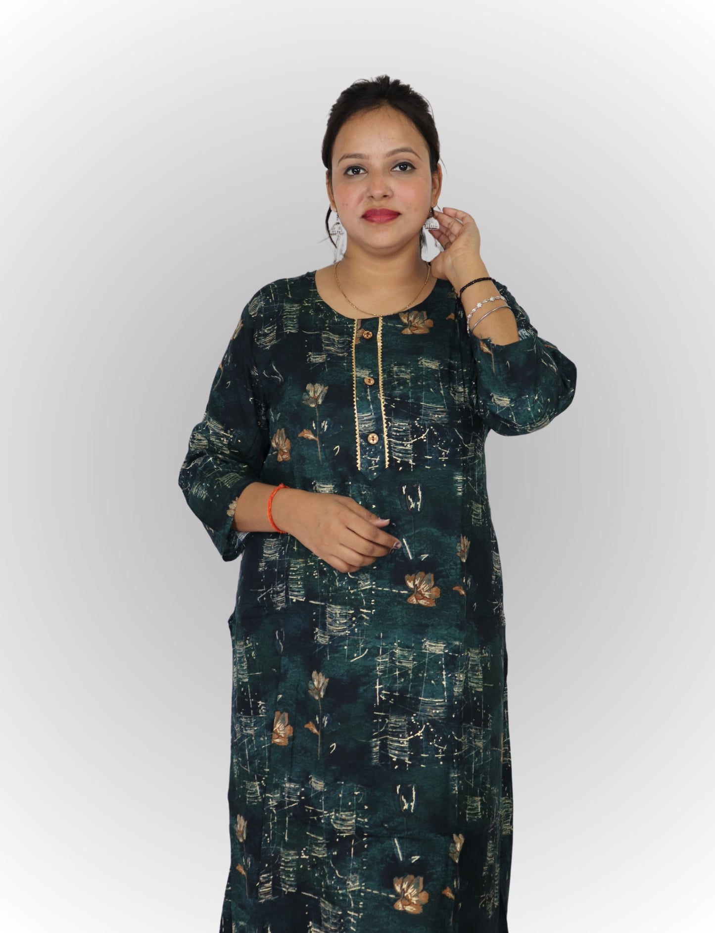 Floral Print Cotton Kurti, Dark Green, 3/4 Sleeve, Button Front, Casual Wear