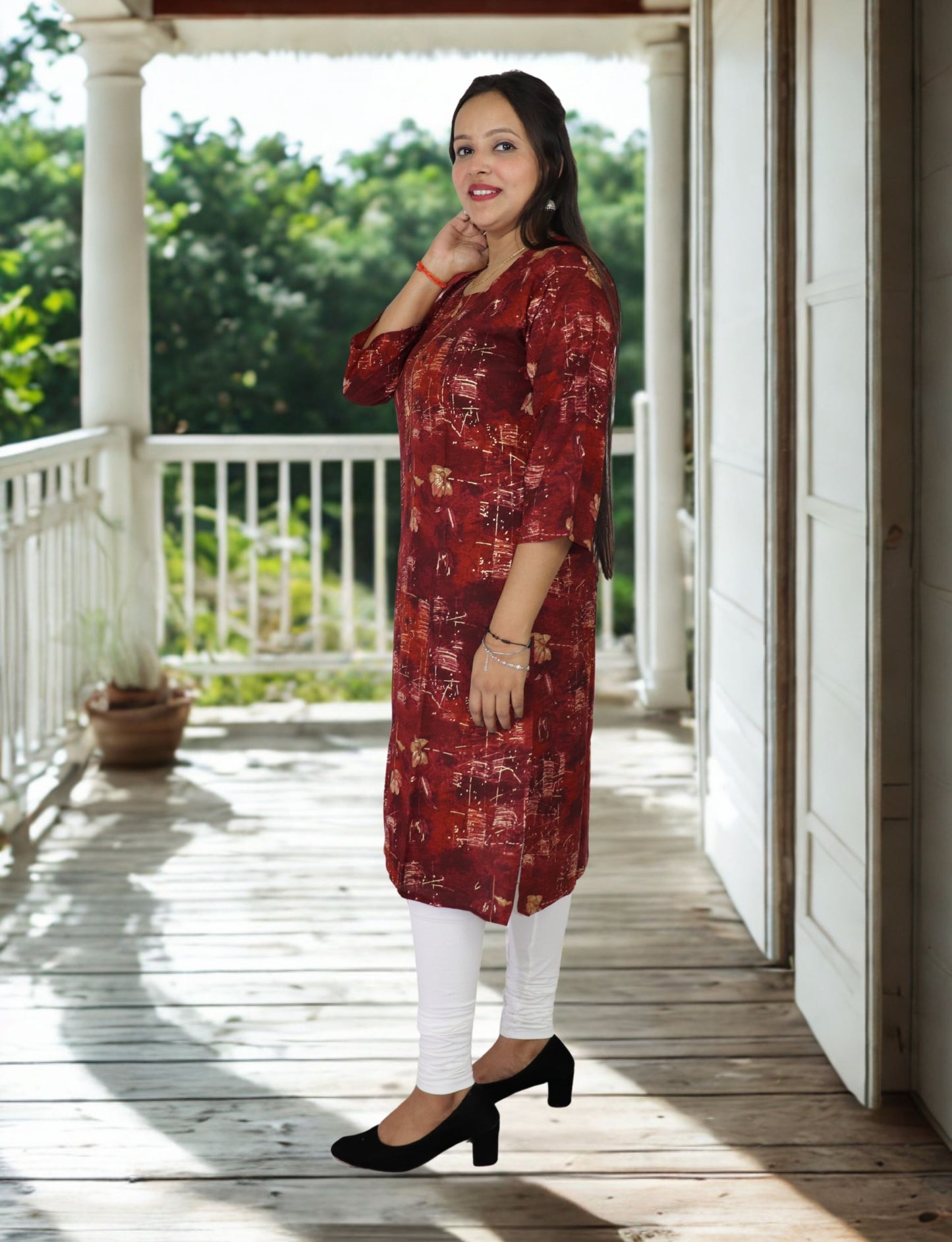 Women's Maroon Floral Print Cotton Kurti with Button Detail, 3/4 Sleeves