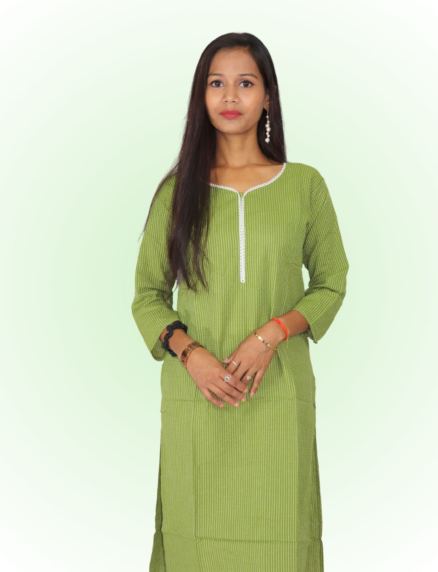 Vedickulture Women's Cotton Kurta with White Trim, Long Sleeve, Green Striped Pattern