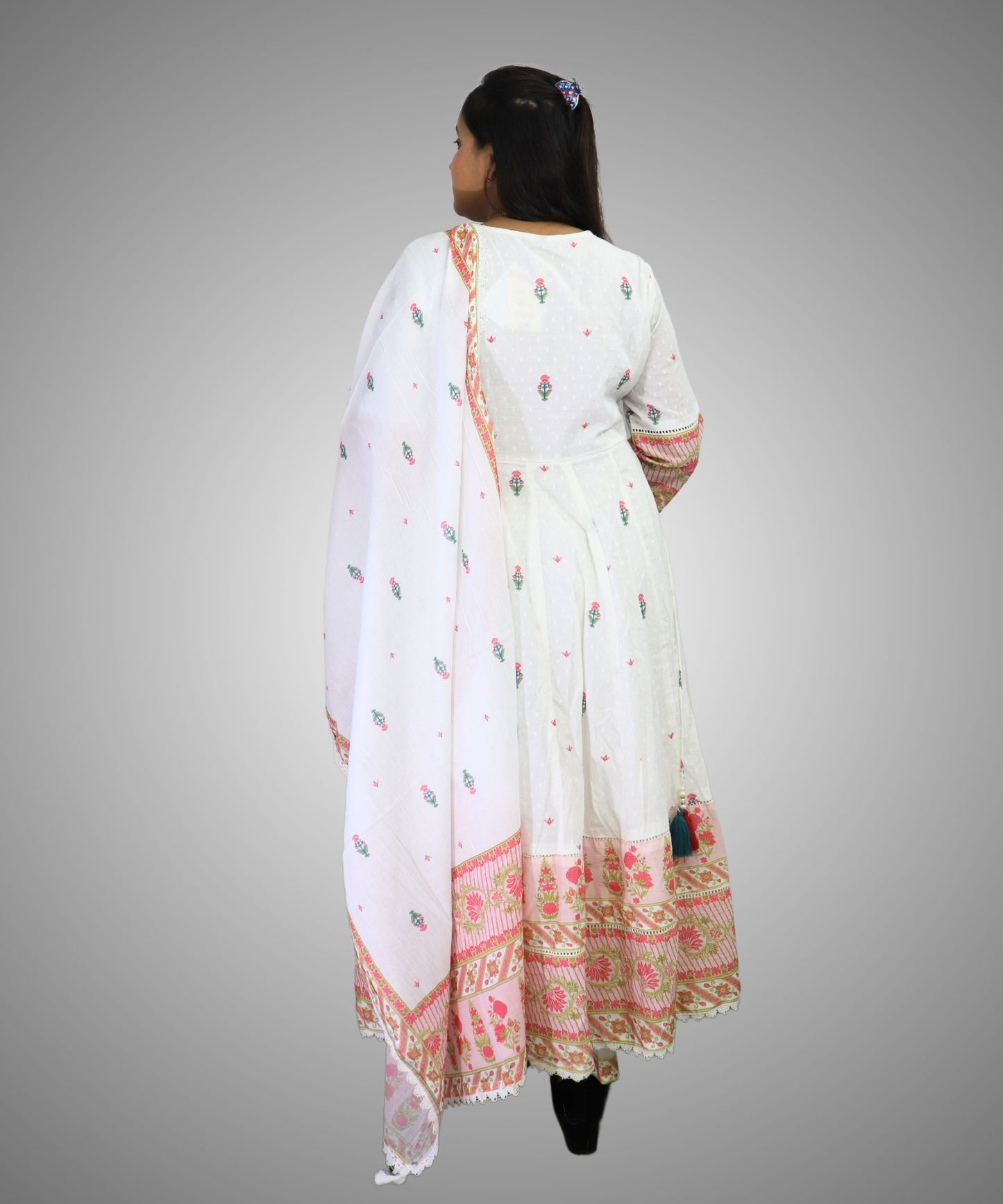 Vedickulture White Cotton Anarkali Suit with Floral Embroidery for Women, Evening wear, 3/4 Sleeves, Dupatta and Pants Set