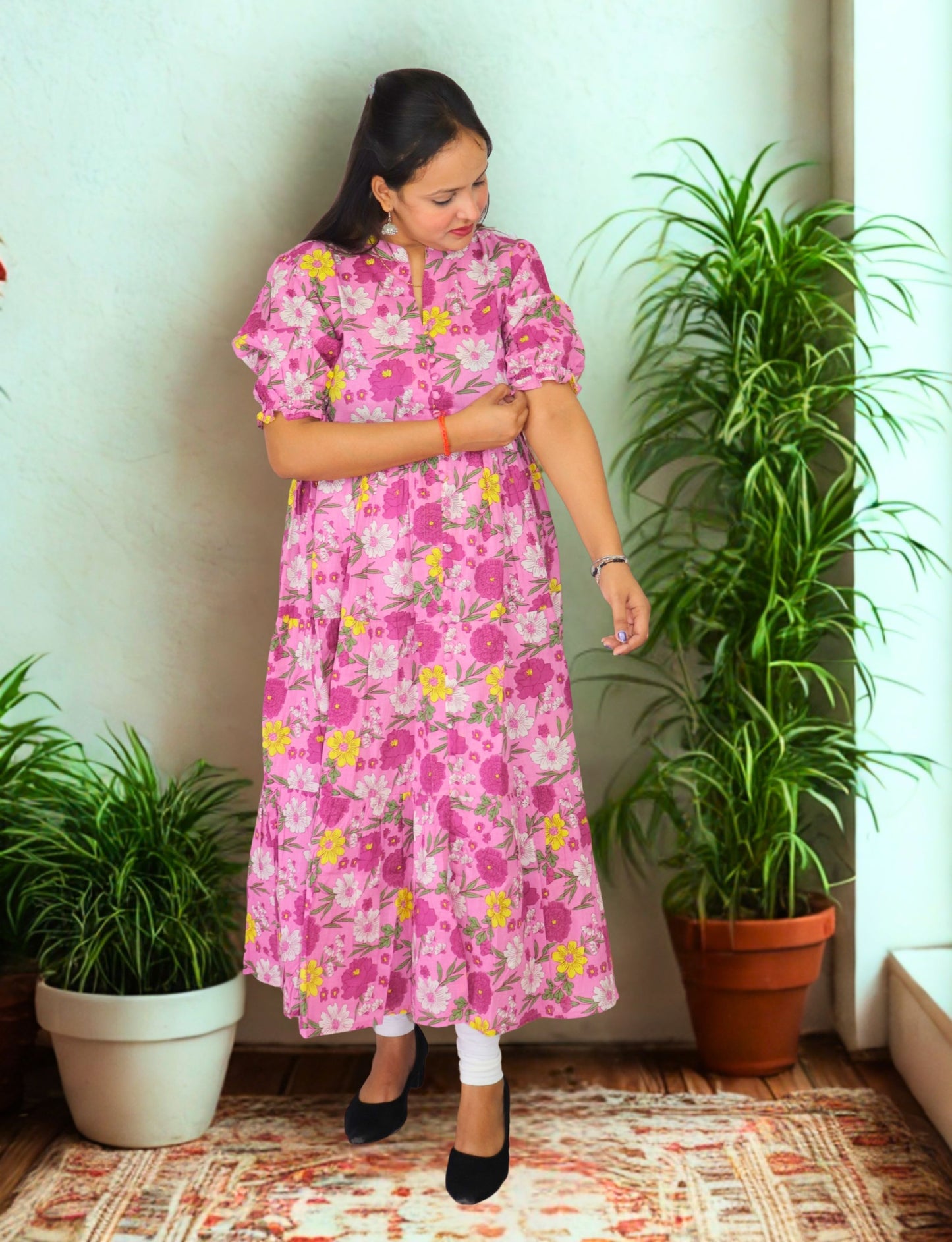 Floral Anarkali Kurti with Puff Sleeves, Pink Floral Print, Mandarin Collar, Tiered Design