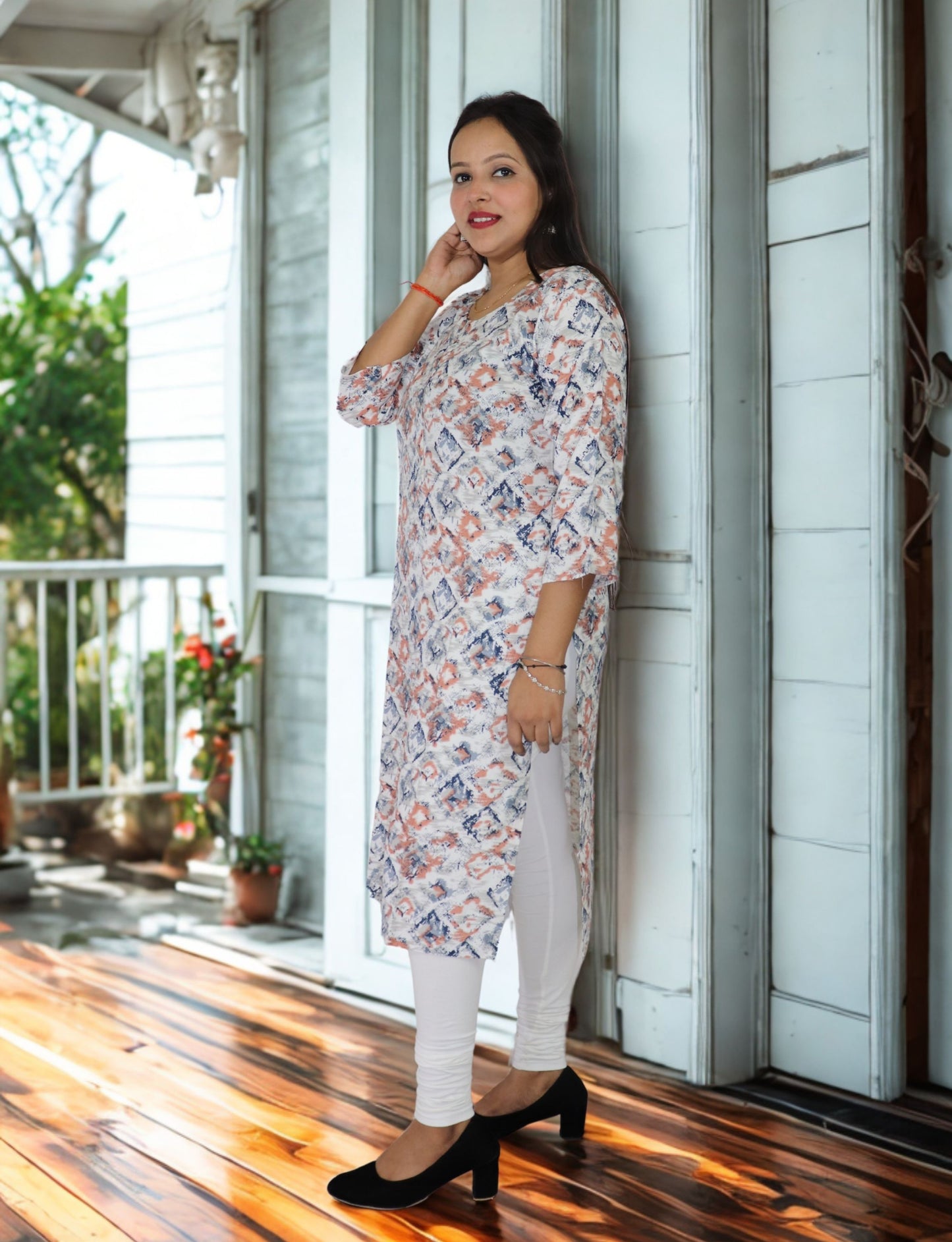 Women's Cotton Kurti with Geometric Print, 3/4 Sleeve, Casual Wear