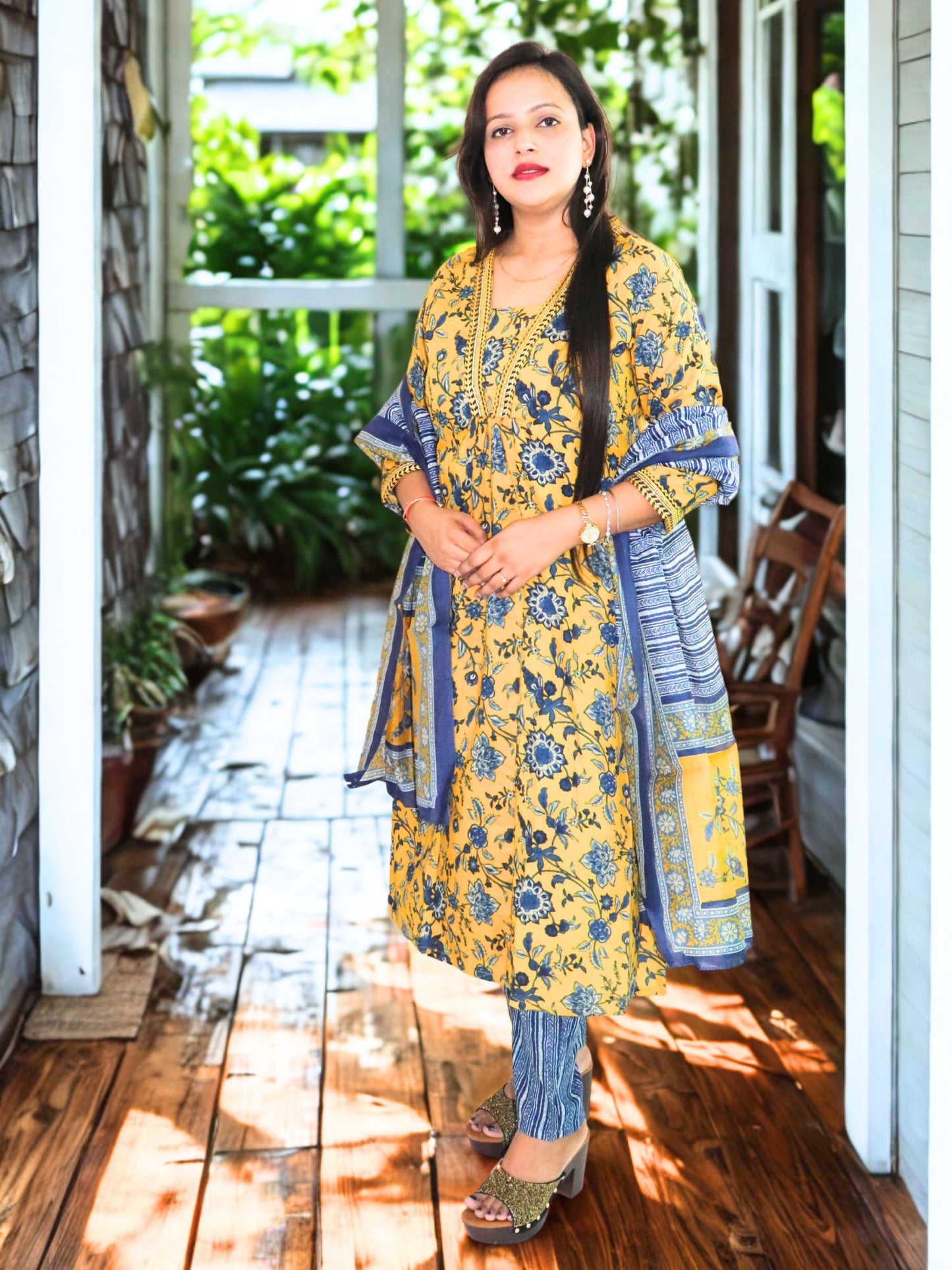 Women Block Printed Anarkali Kurta And Pant Set With Dupatta