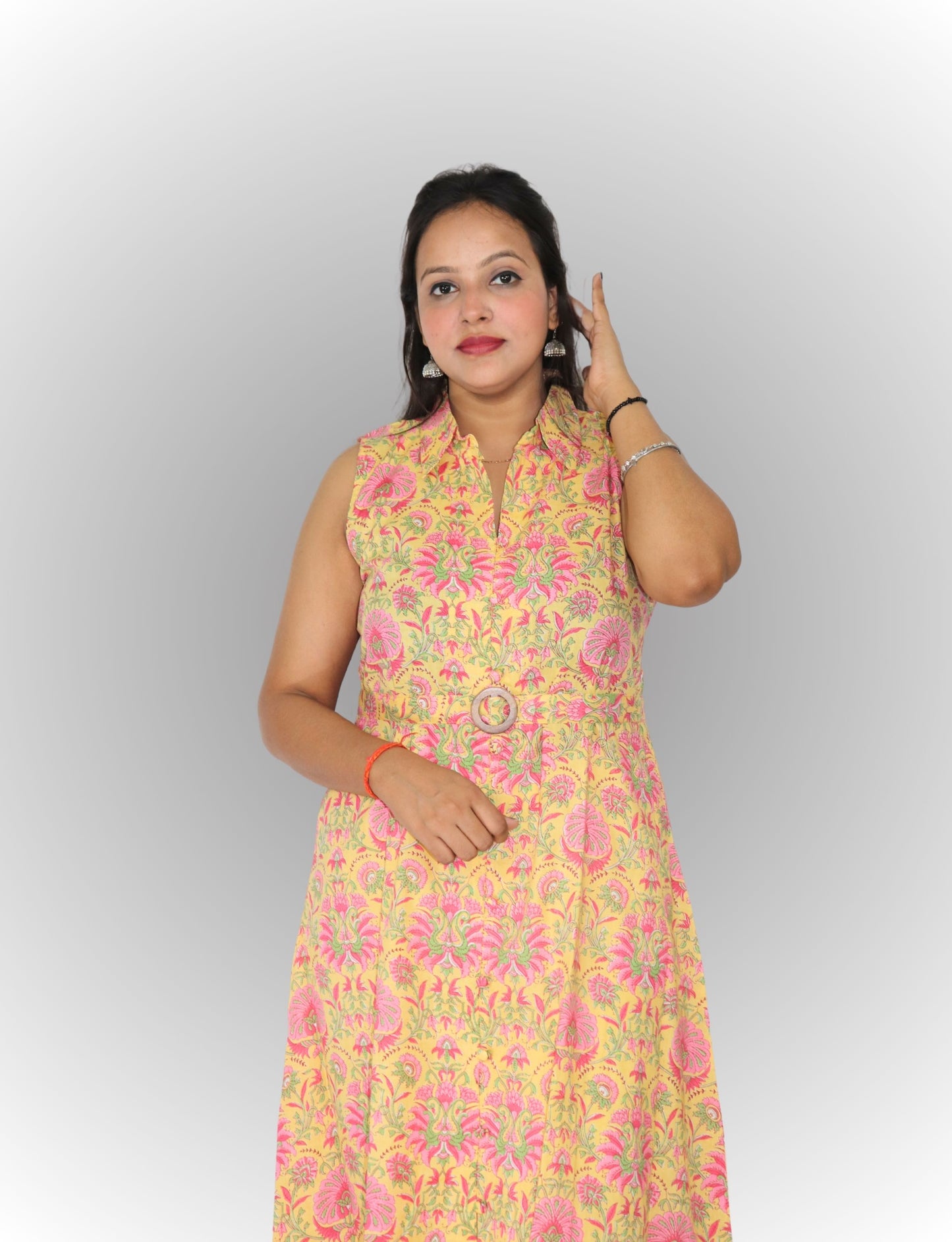 Vedickulture Floral Print Sleeveless Long A-line Kurta, Yellow and Pink, Collared Neck with Belt