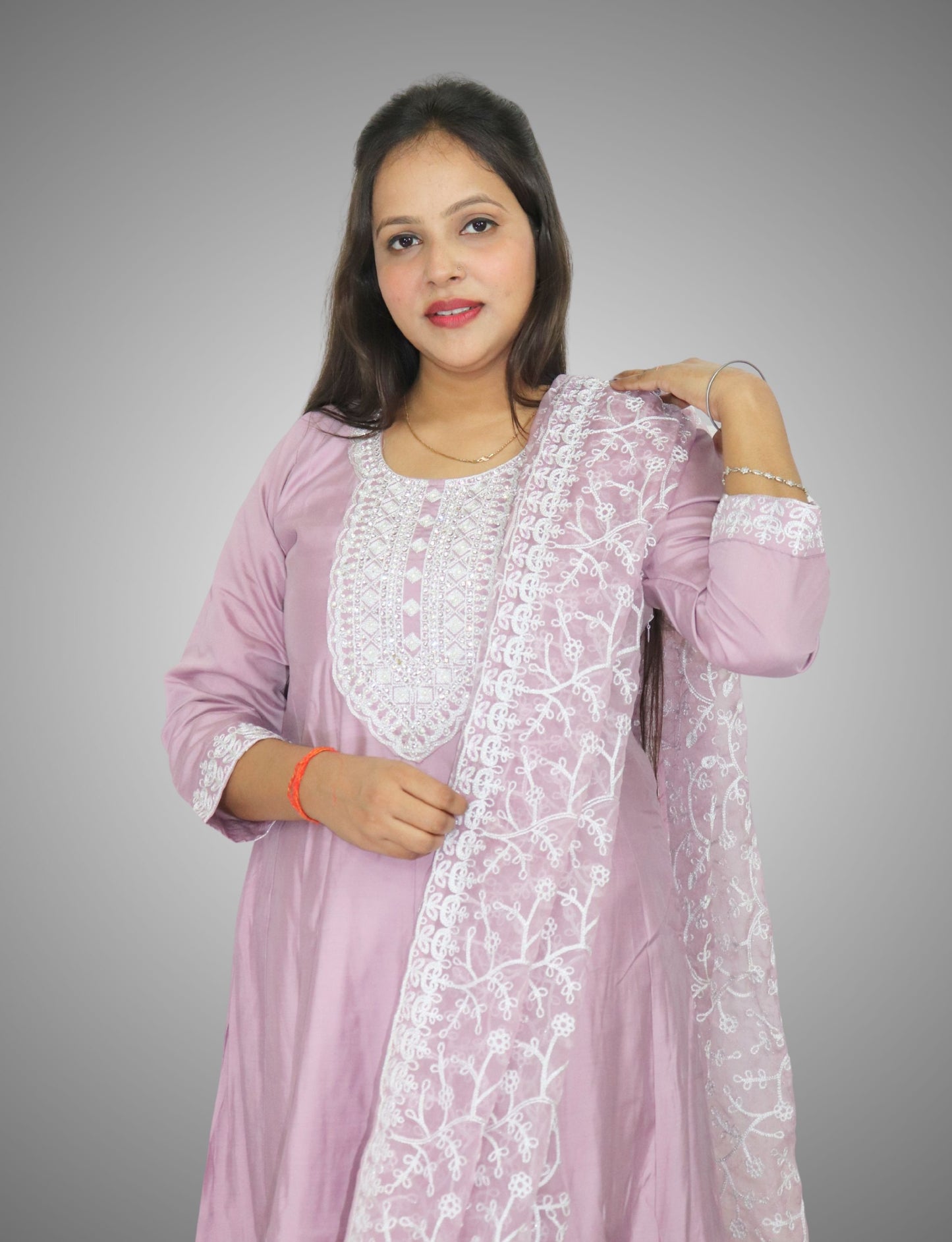 Traditional Embroidered Cotton Anarkali Suit Set, Lilac Purple with White Thread Work, 3 Piece