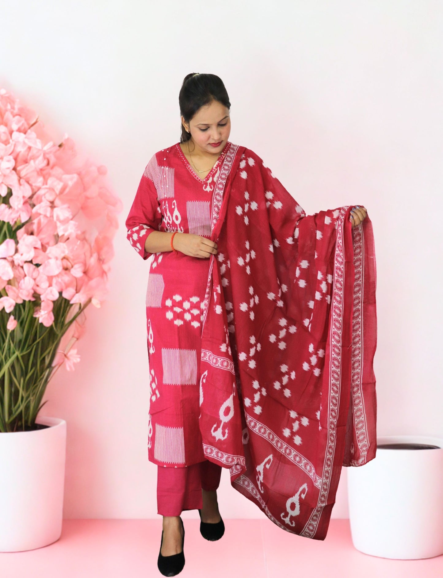 Traditional Salwar Suit Set with Dupatta, Red and White Printed, 3/4 Sleeve