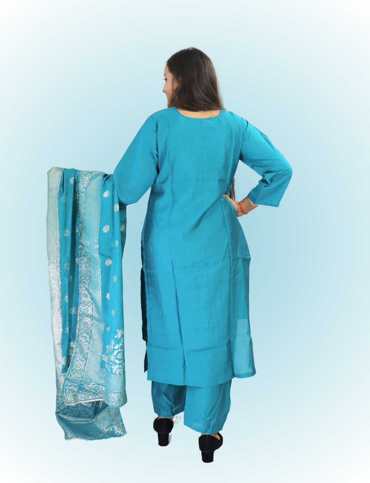 Traditional Turquoise Cotton blend with silk Salwar Suit with Embroidered Dupatta, Full Length