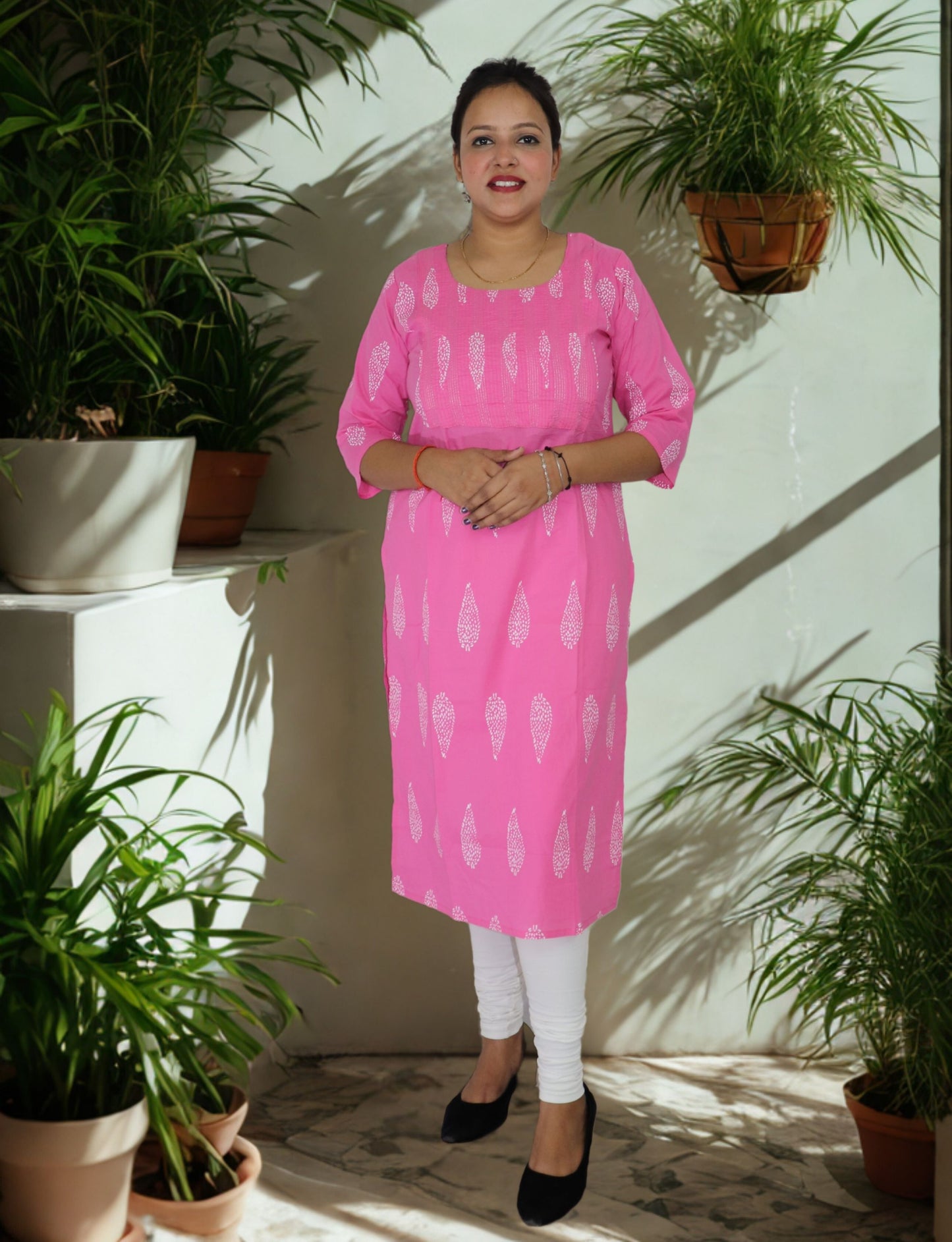 Vedickulture Pink Cotton Kurti with White Paisley Print, 3/4 Sleeves, Round Neck, Casual Wear