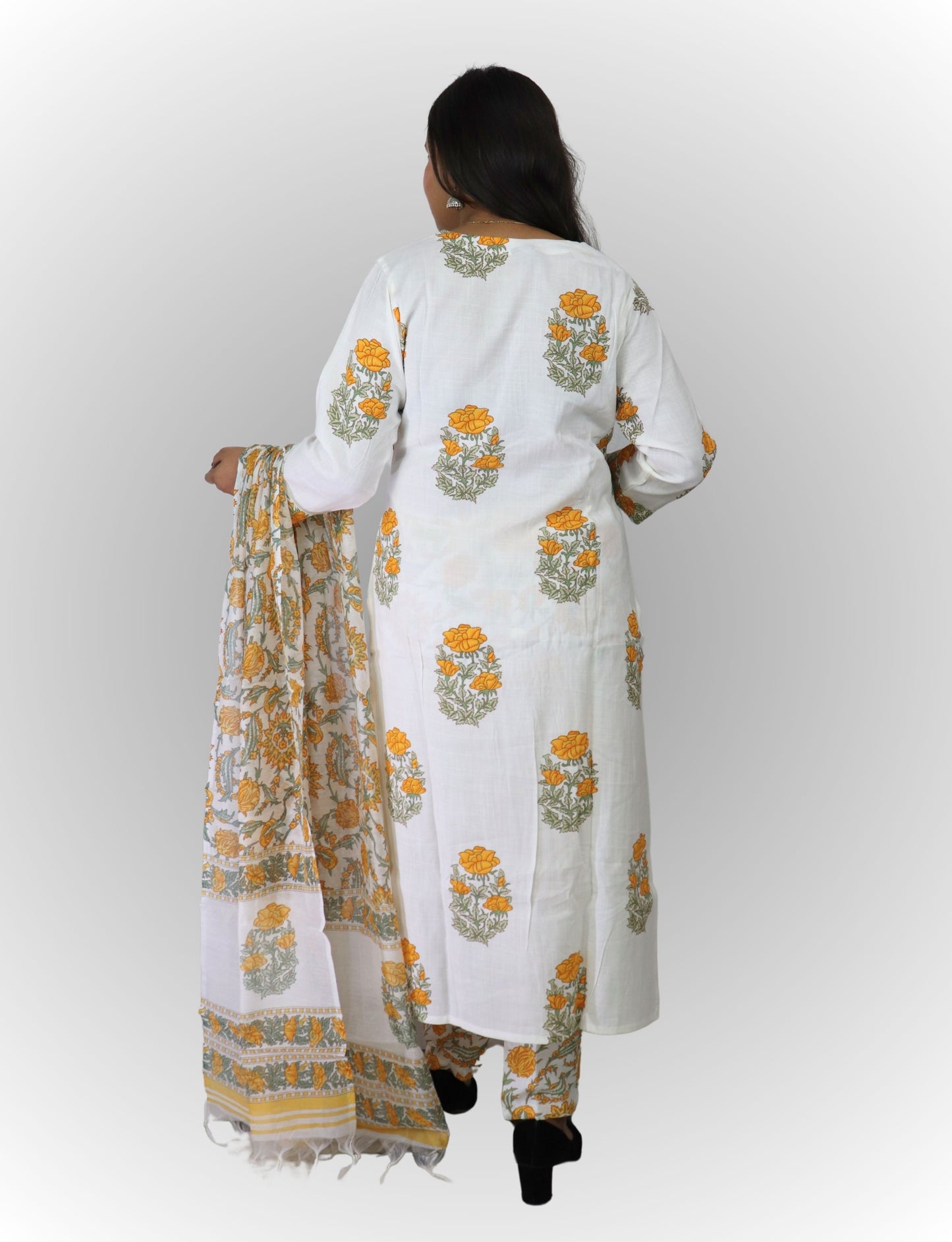Women's White Cotton Kurta Set with Yellow Floral Print, Traditional Dupatta