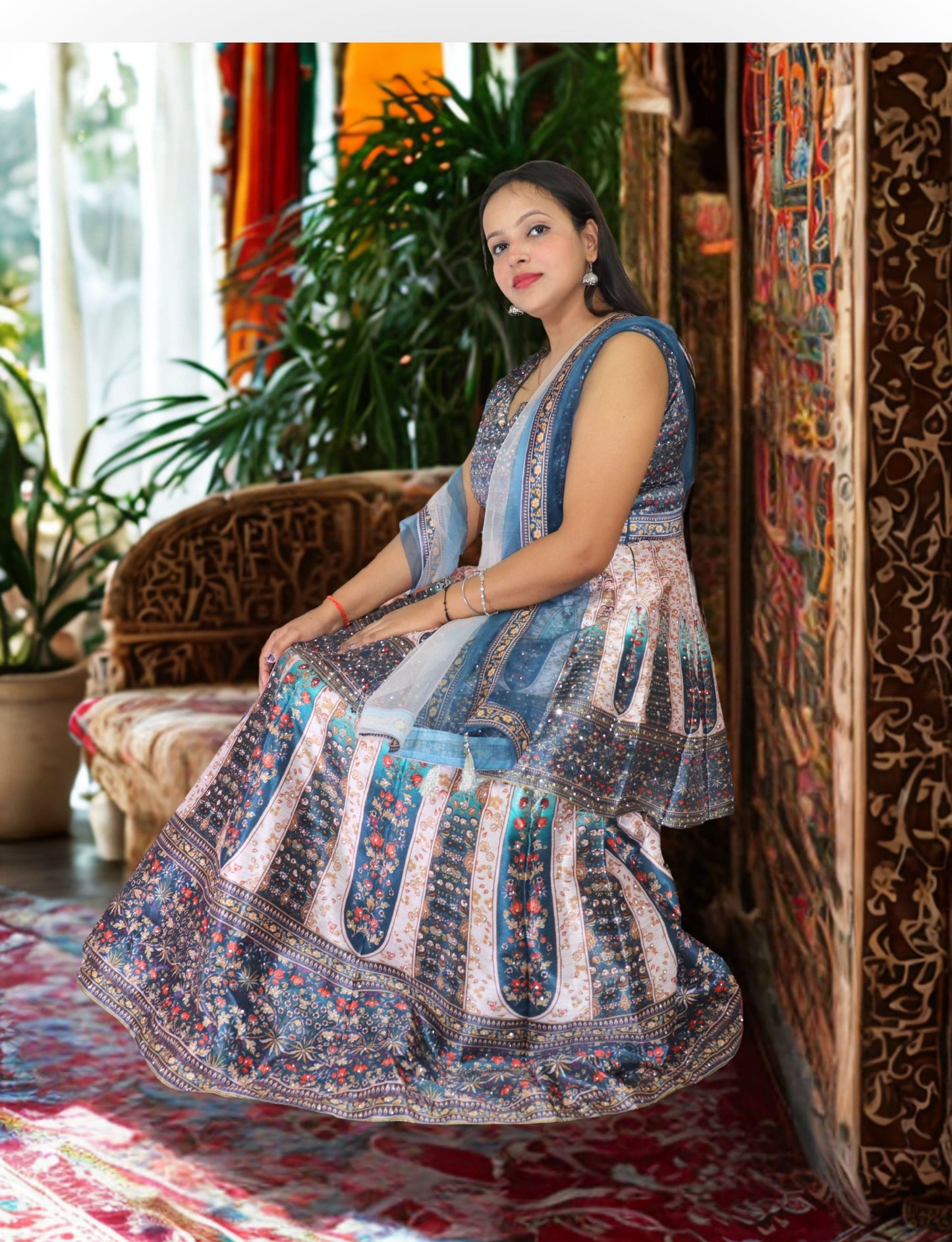 Lehenga Choli Set with Floral Print, Blue and White Embroidered, Net Dupatta