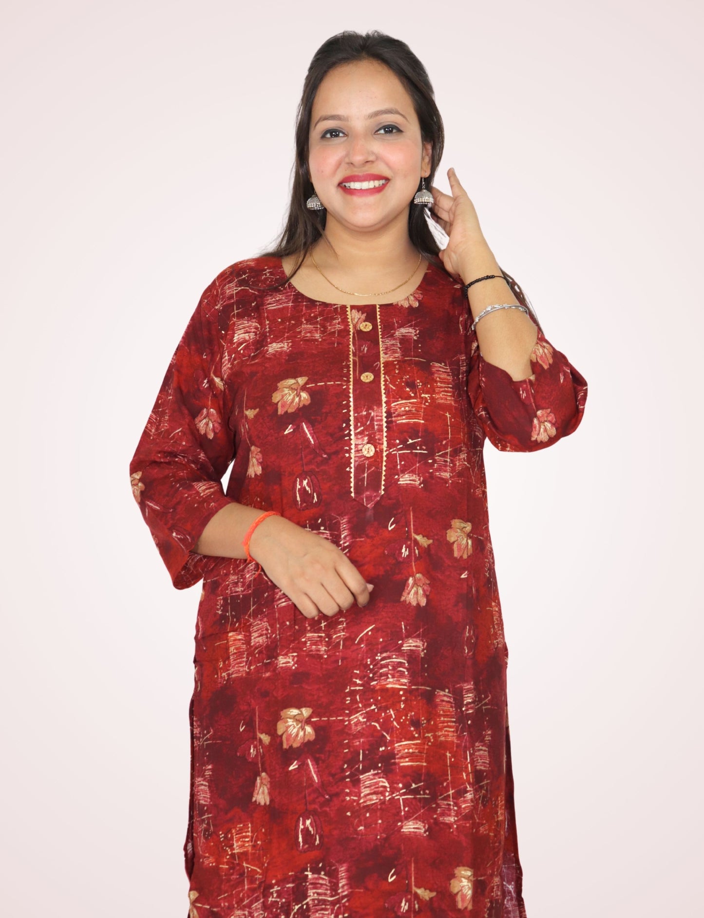 Women's Maroon Floral Print Cotton Kurti with Button Detail, 3/4 Sleeves