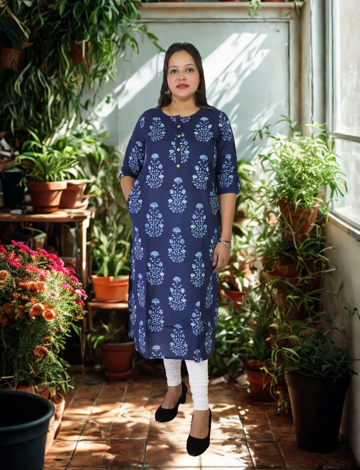 Vedickulture Women's Floral Print Cotton Kurti, Navy Blue with Light Blue Pattern, 3/4 Sleeves, Button Front Search this page