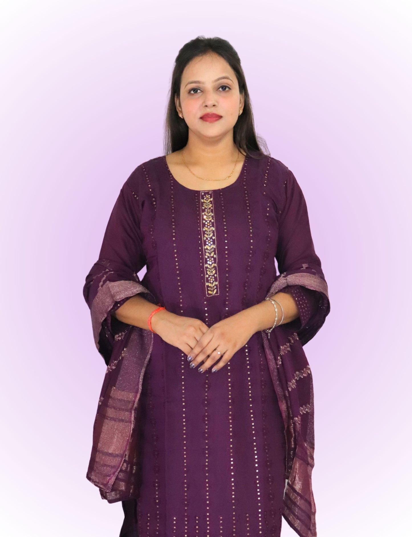 Traditional Purple Cotton Salwar Suit Set with Embroidered Kurta, Salwar and Dupatta