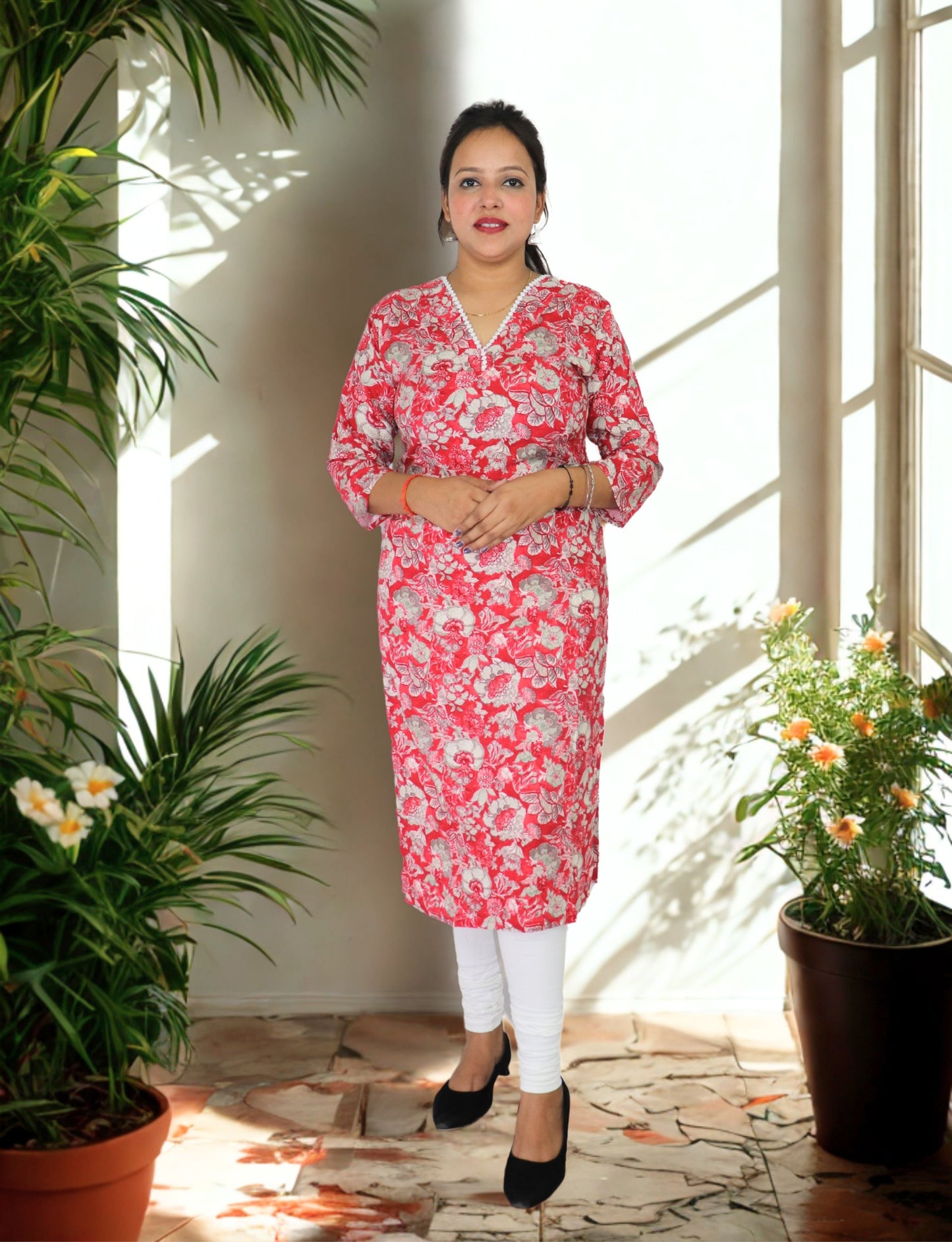 Floral Print Cotton Kurti with Pearl V-Neck, 3/4 Sleeves, Red and Grey, Casual Wear