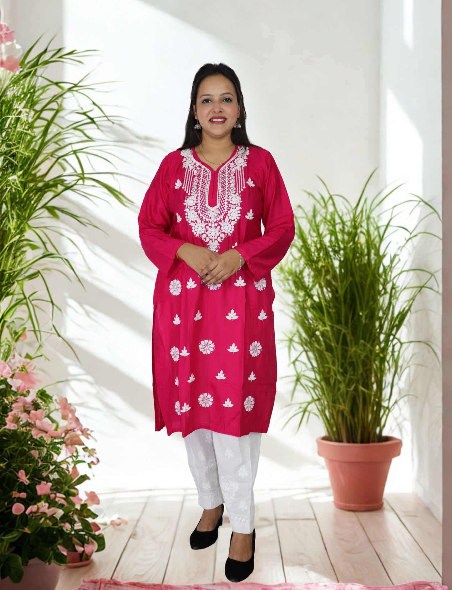 Traditional Embroidered Cotton Kurti, Pink with Floral Design, Long Sleeves