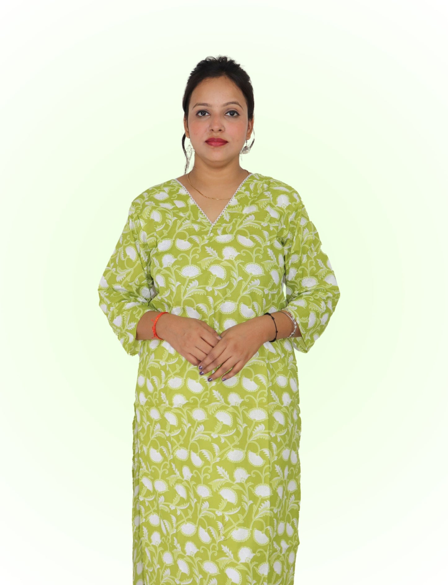 Vedickulture Floral Print Cotton Kurti, V-Neck, Long Sleeve, Lime Green and White, Casual Wear