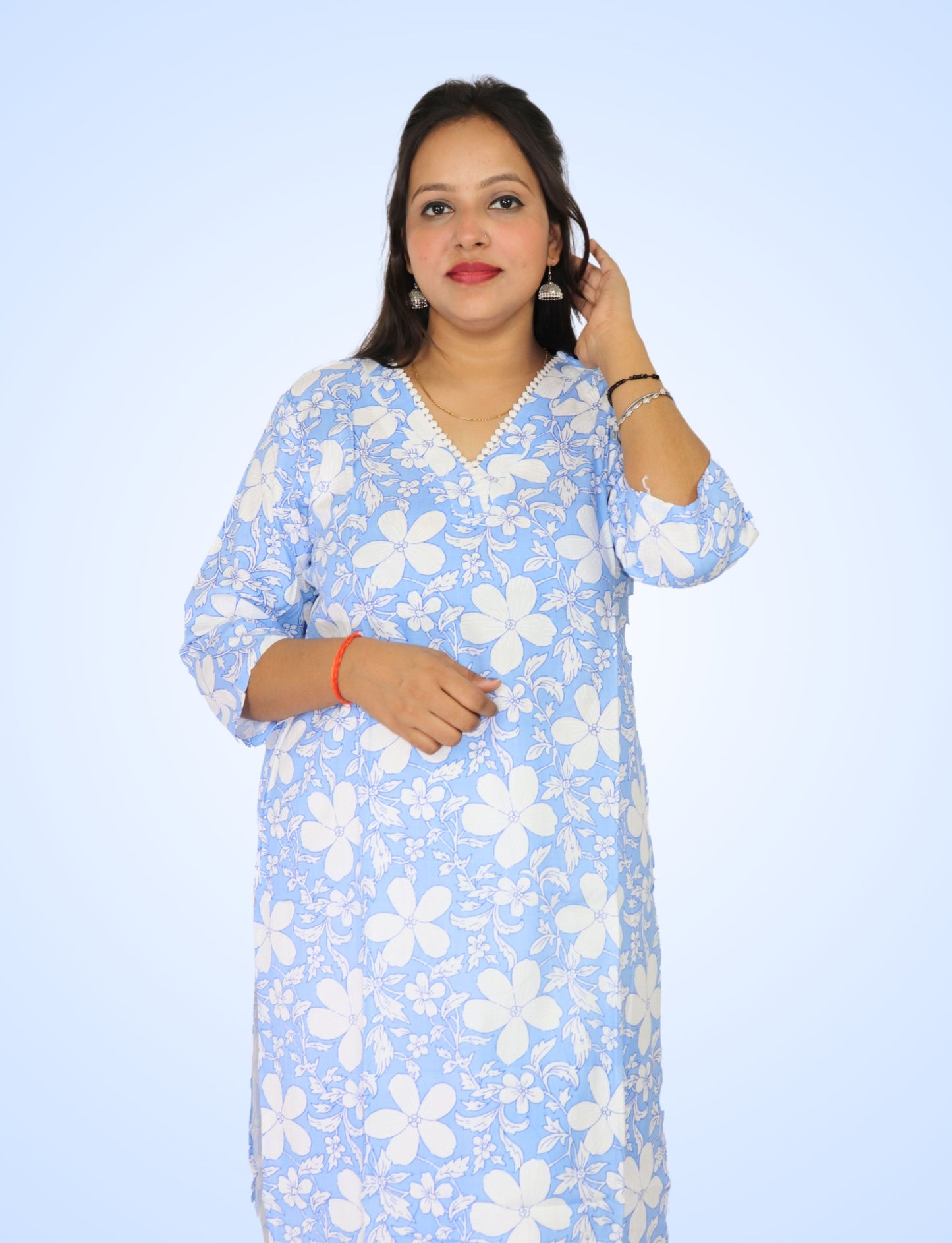 Floral Print Cotton Kurti with V-Neck, 3/4 Sleeves, Light Blue and White