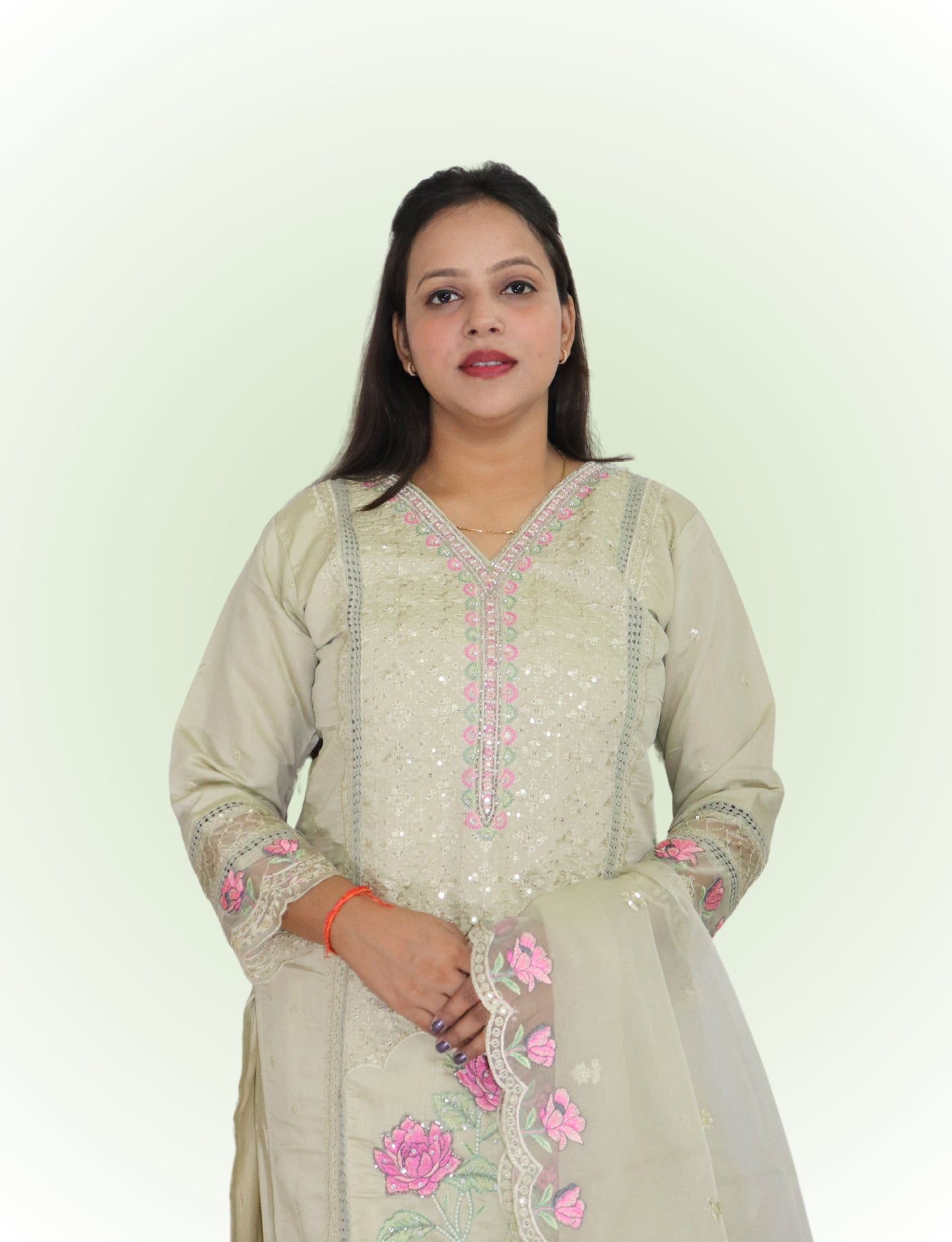 Women's Embroidered Cotton Salwar Suit Set, Light Sage Green with Pink Floral Work, 3 Piece