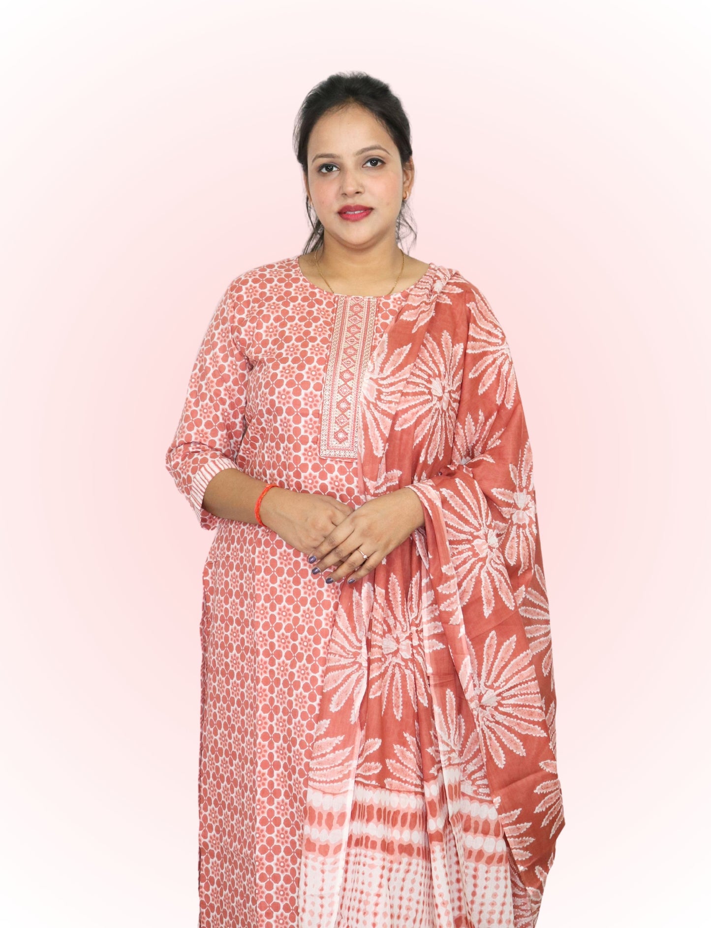 Cotton Printed Salwar Suit Set, Coral Pink Floral Pattern, 3/4 Sleeve Kurta with Salwar and Dupatta