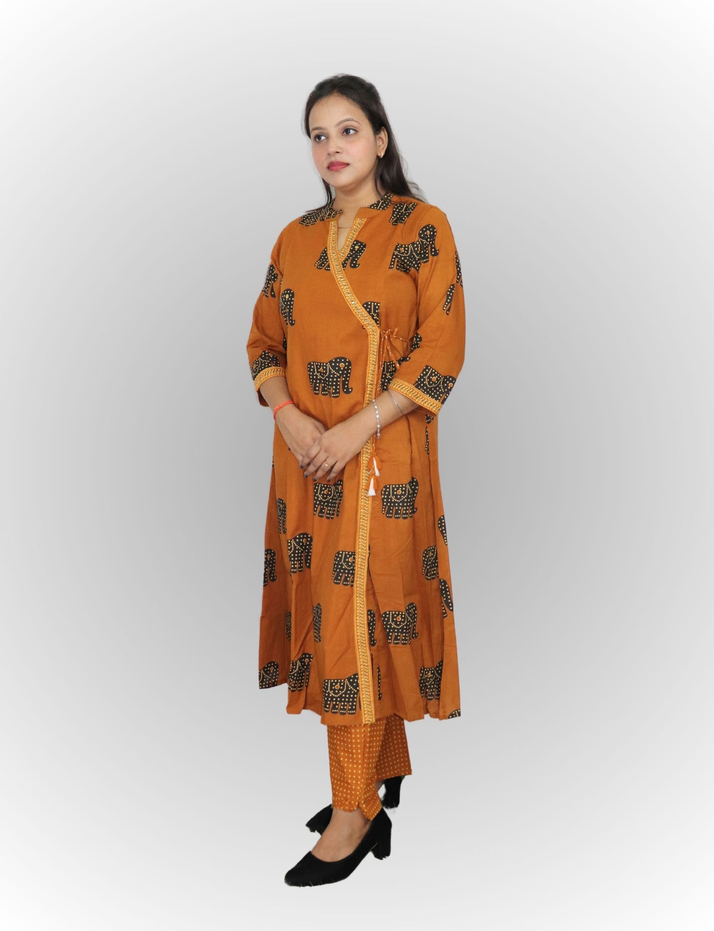 Traditional Elephant Print Angrakha Kurta Set with Pants, Cotton, 3/4 Sleeve