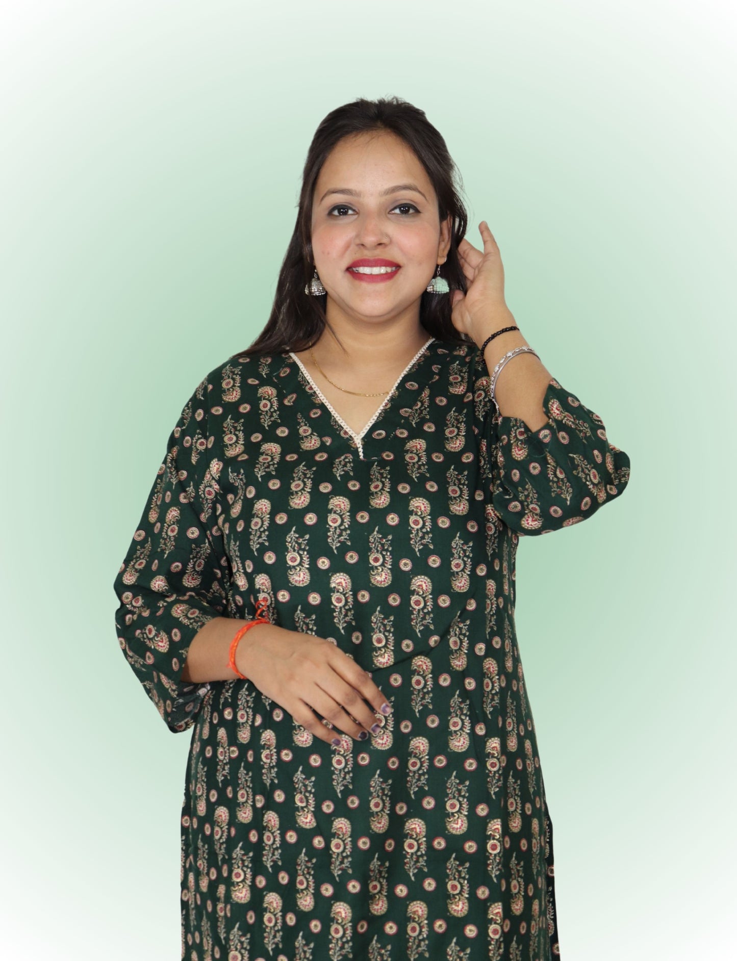 Vedickulture Women's Casual Floral Print Kurta, Dark Green with Paisley Pattern, V-Neck, 3/4 Sleeve