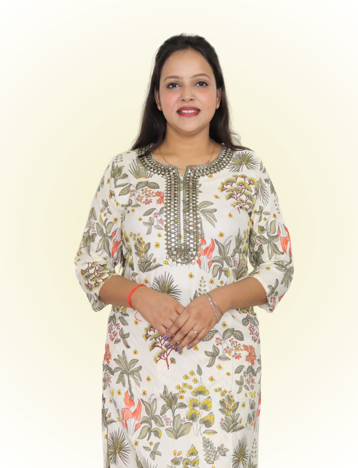 Women's Floral Print Cotton Salwar Suit Set with Embellished Neckline, 3/4 Sleeves, Chevron Dupatta, White and Multicolor