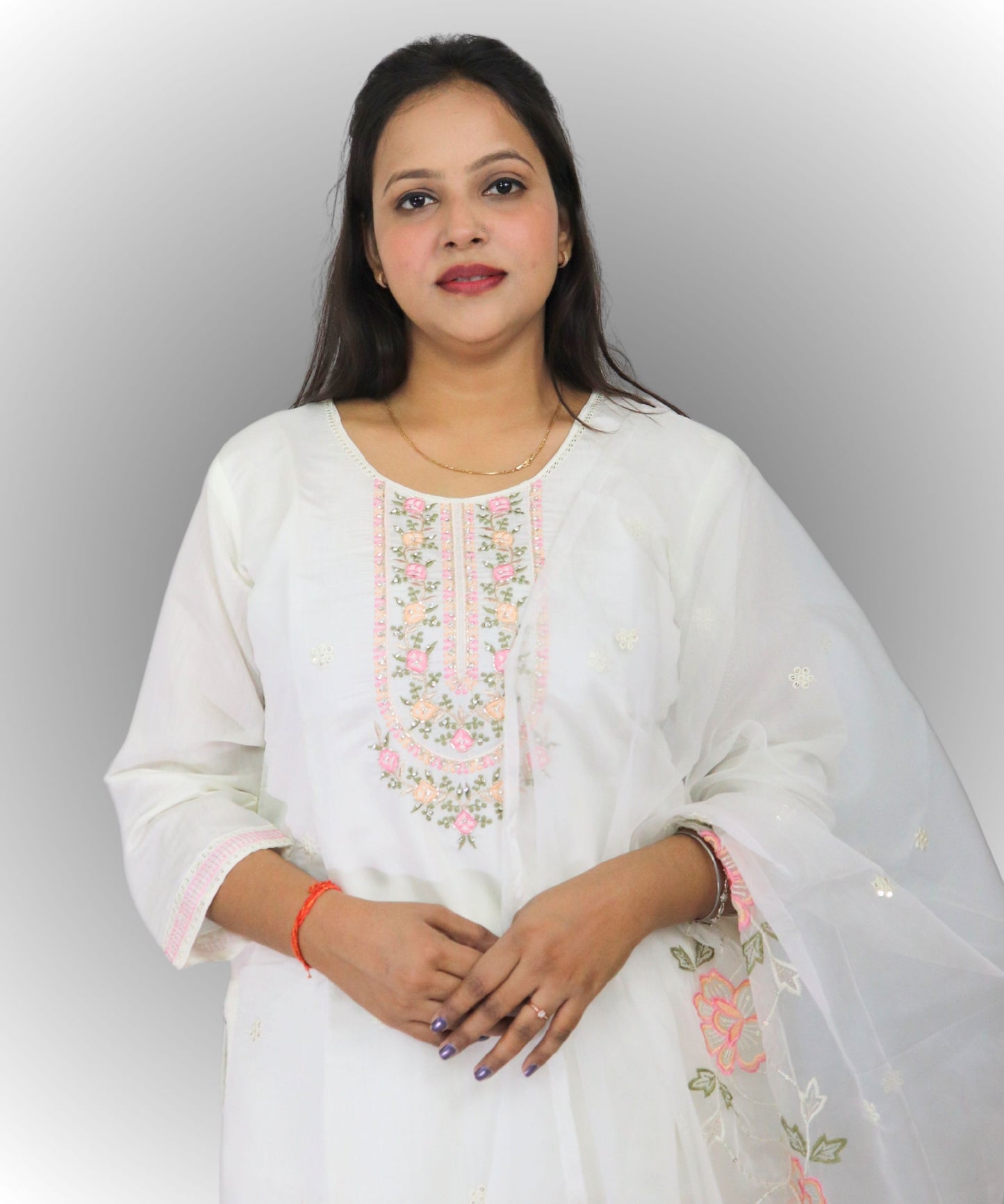 Women's White Cotton Salwar Suit Set with Pink Floral Embroidery, Traditional Indian Kurta with Dupatta