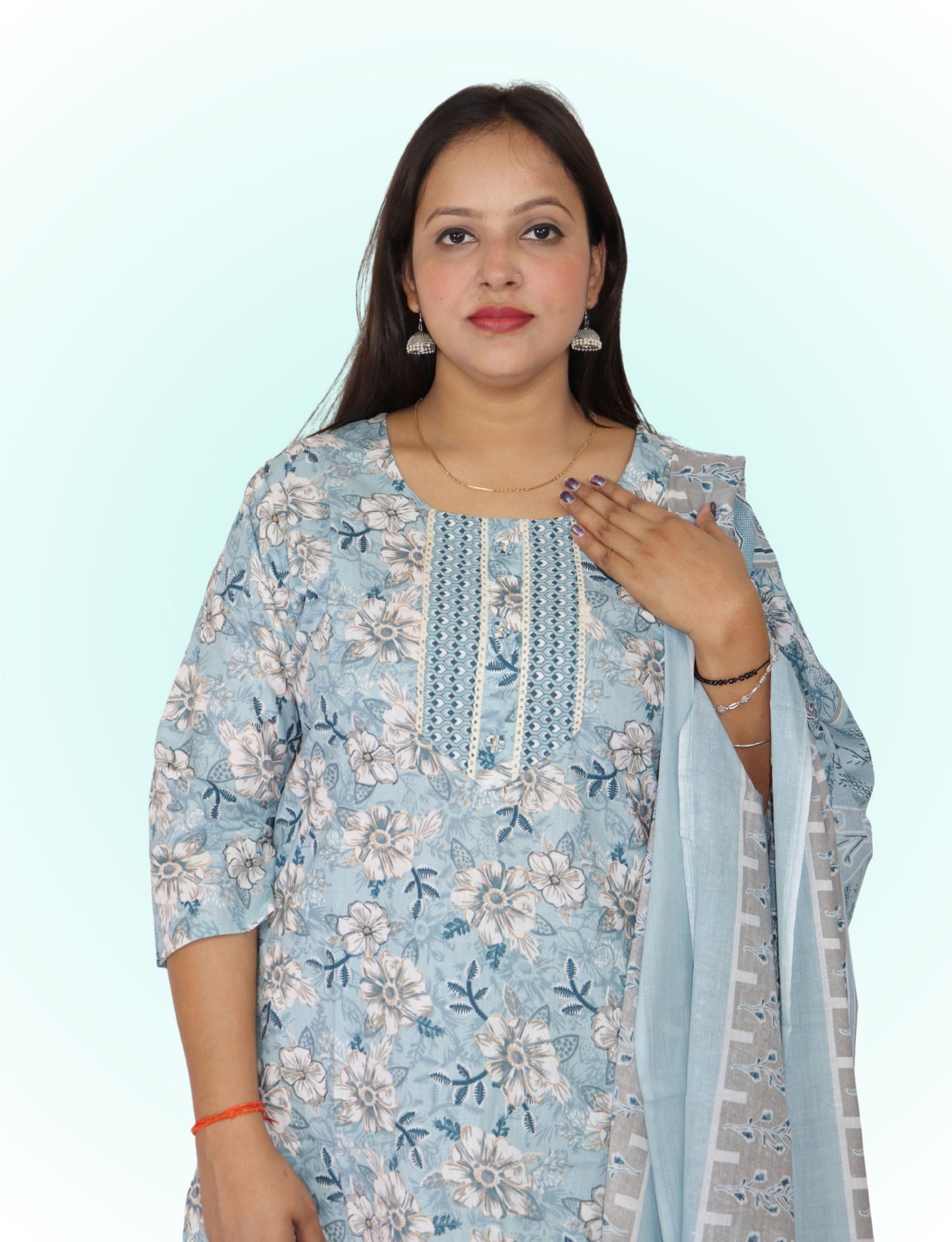 Floral Cotton Salwar Suit Set, Blue with Flowers, Matching Pants, Dupatta