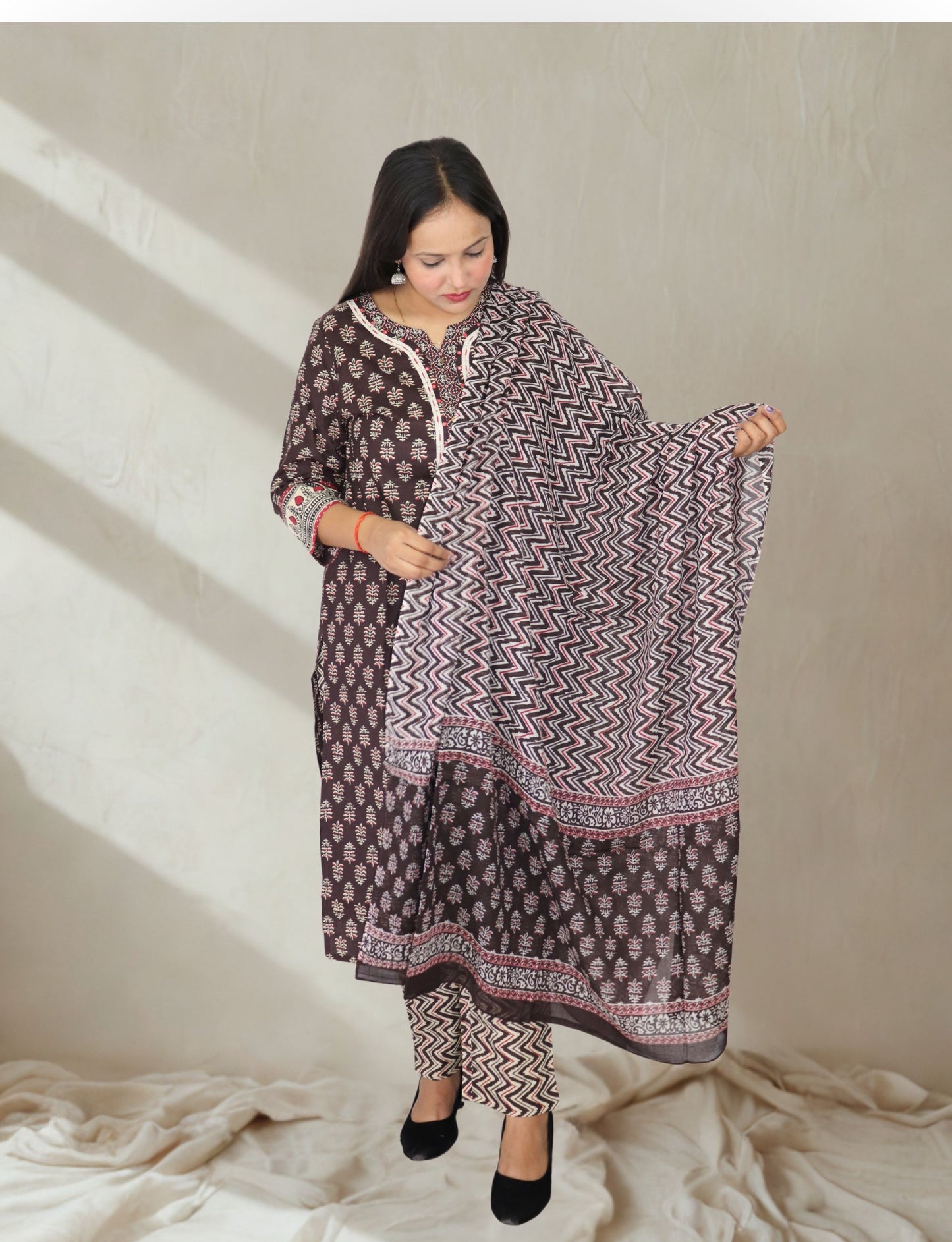 Traditional Block Print Cotton Kurta Set with Chevron Design, Brown and Pink
