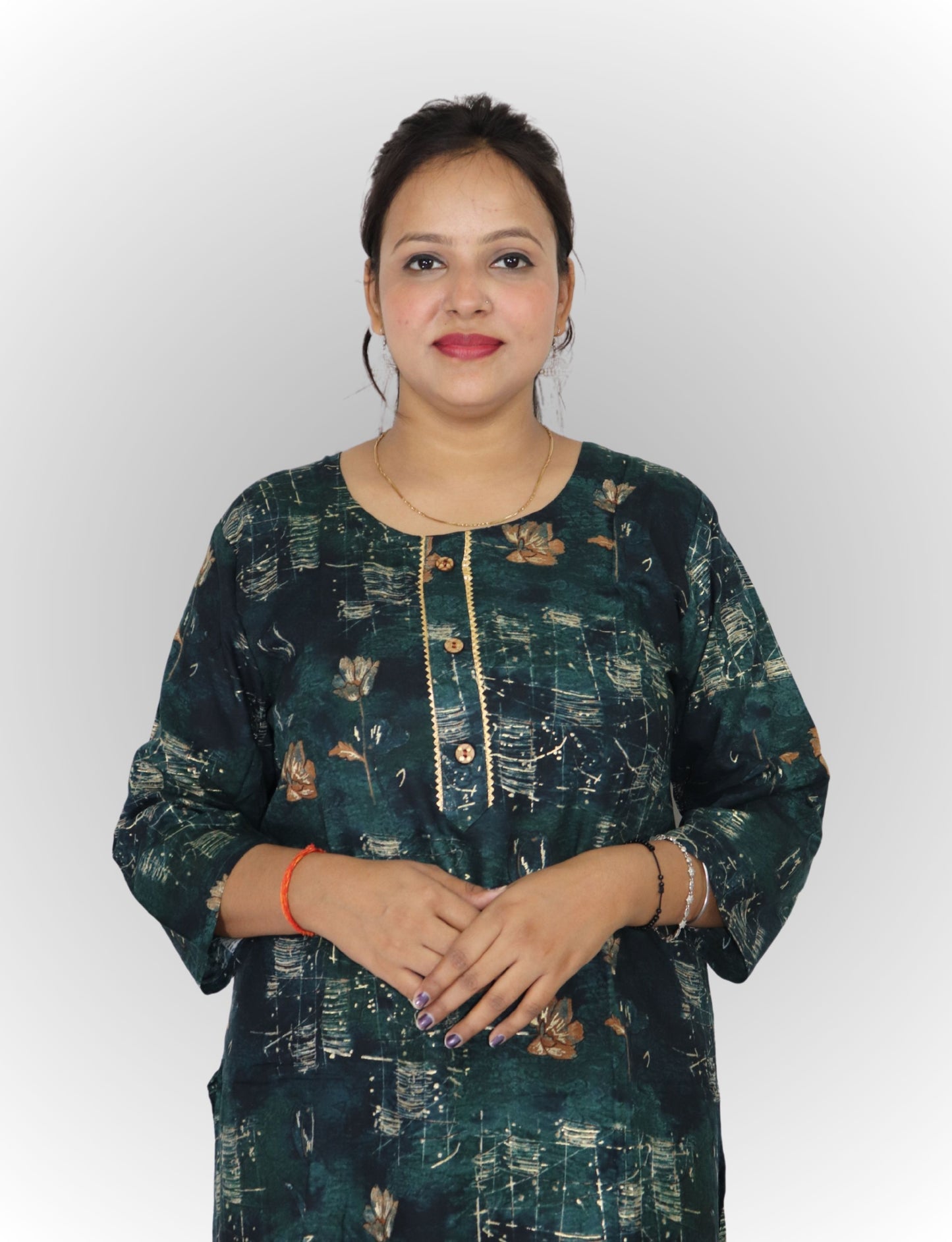 Floral Print Cotton Kurti, Dark Green, 3/4 Sleeve, Button Front, Casual Wear