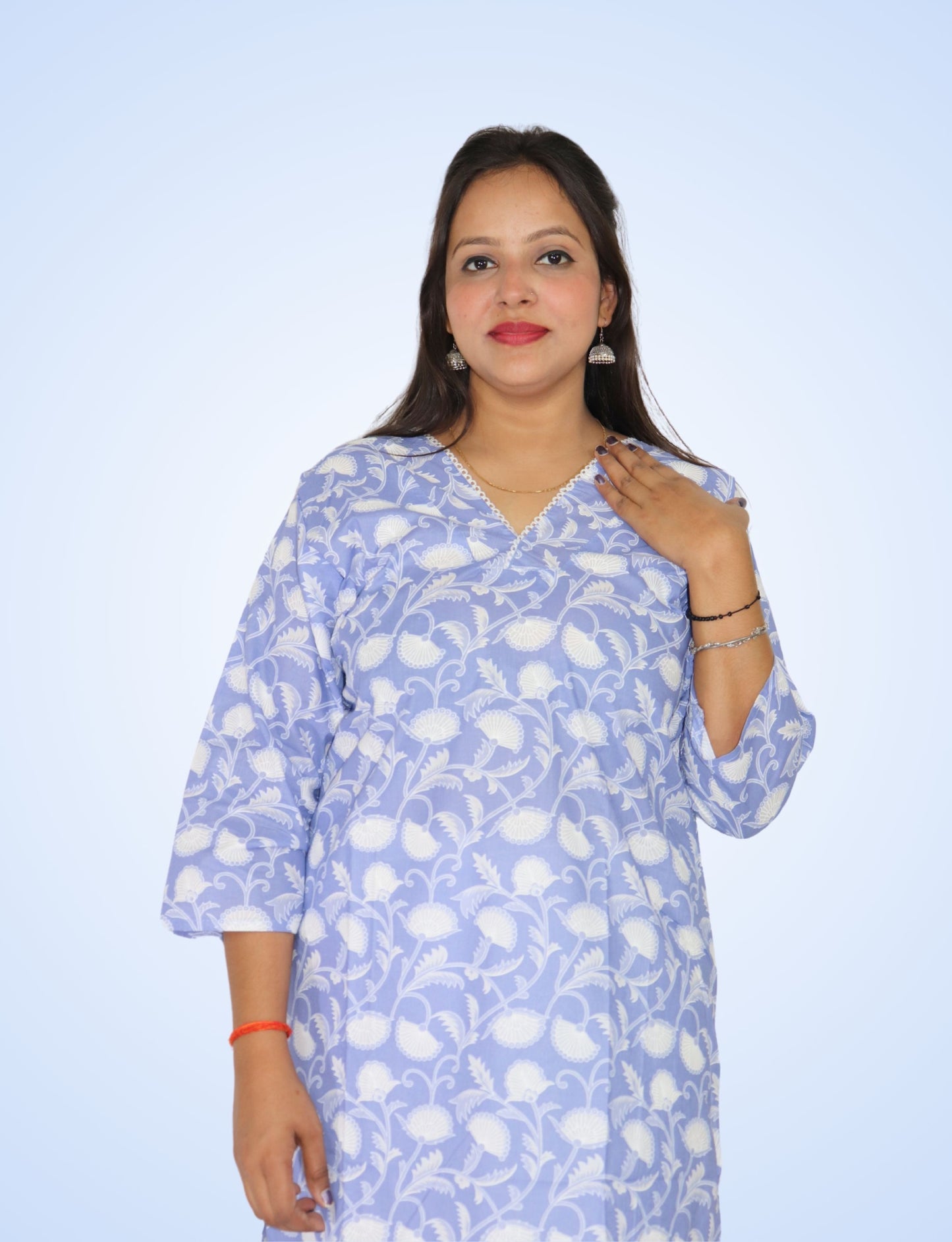 Vedickulture Floral Print Cotton Kurti, V-Neck, 3/4 Sleeve, Light Blue and White, Casual Wear