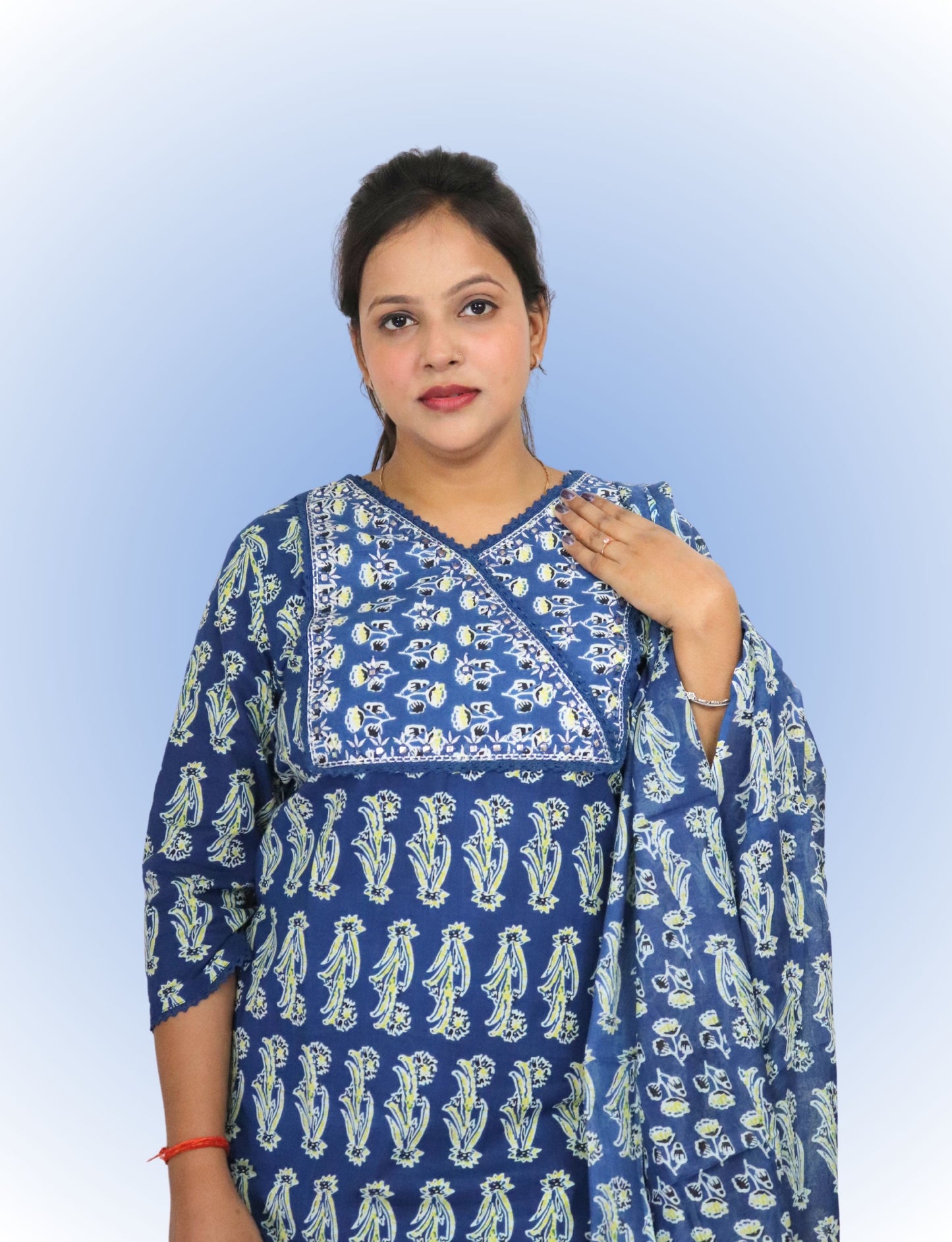 Vedickulture Traditional Cotton Salwar Kameez Set, Blue Block Print, V-Neck, Full Sleeves