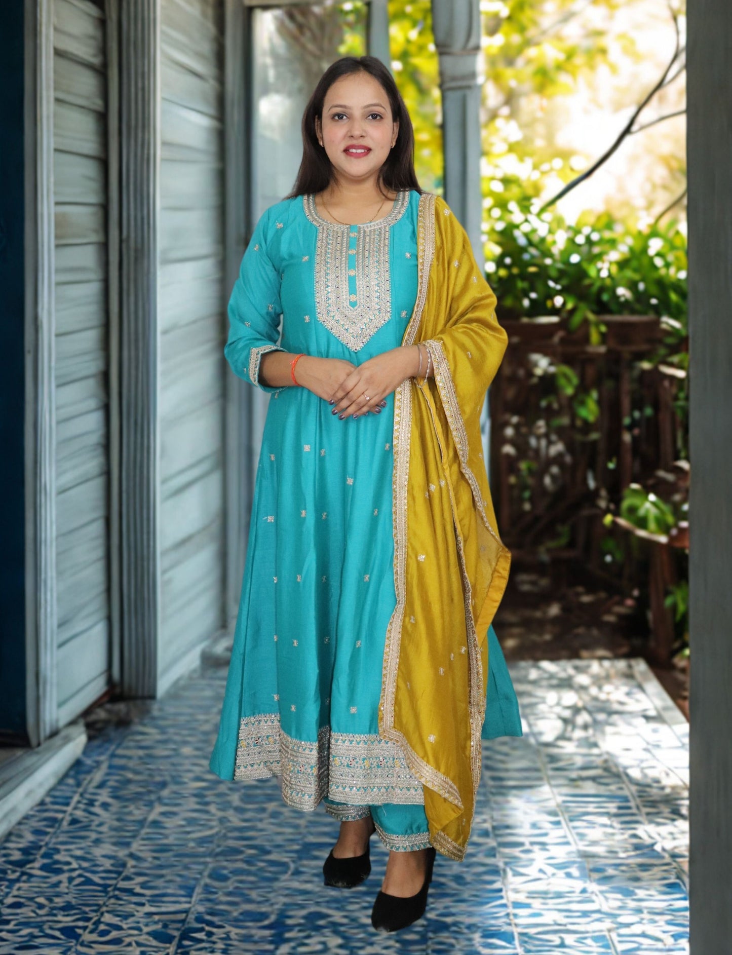 Traditional Turquoise Embroidered Anarkali Suit Set with Yellow Dupatta, 3-Piece Ethnic Wear