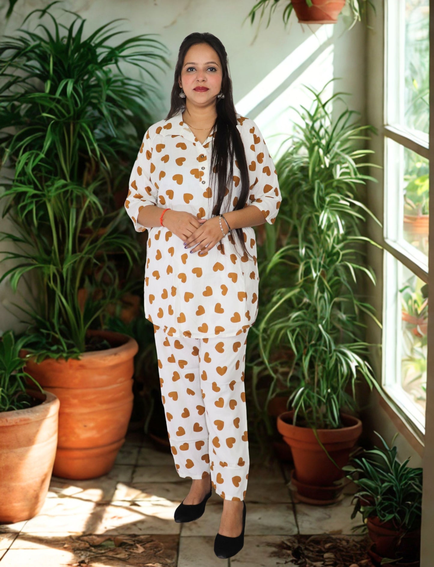 Women's Heart Print Cotton Co-ord Set, White with Brown Hearts, 3/4 Sleeve Top and Pants