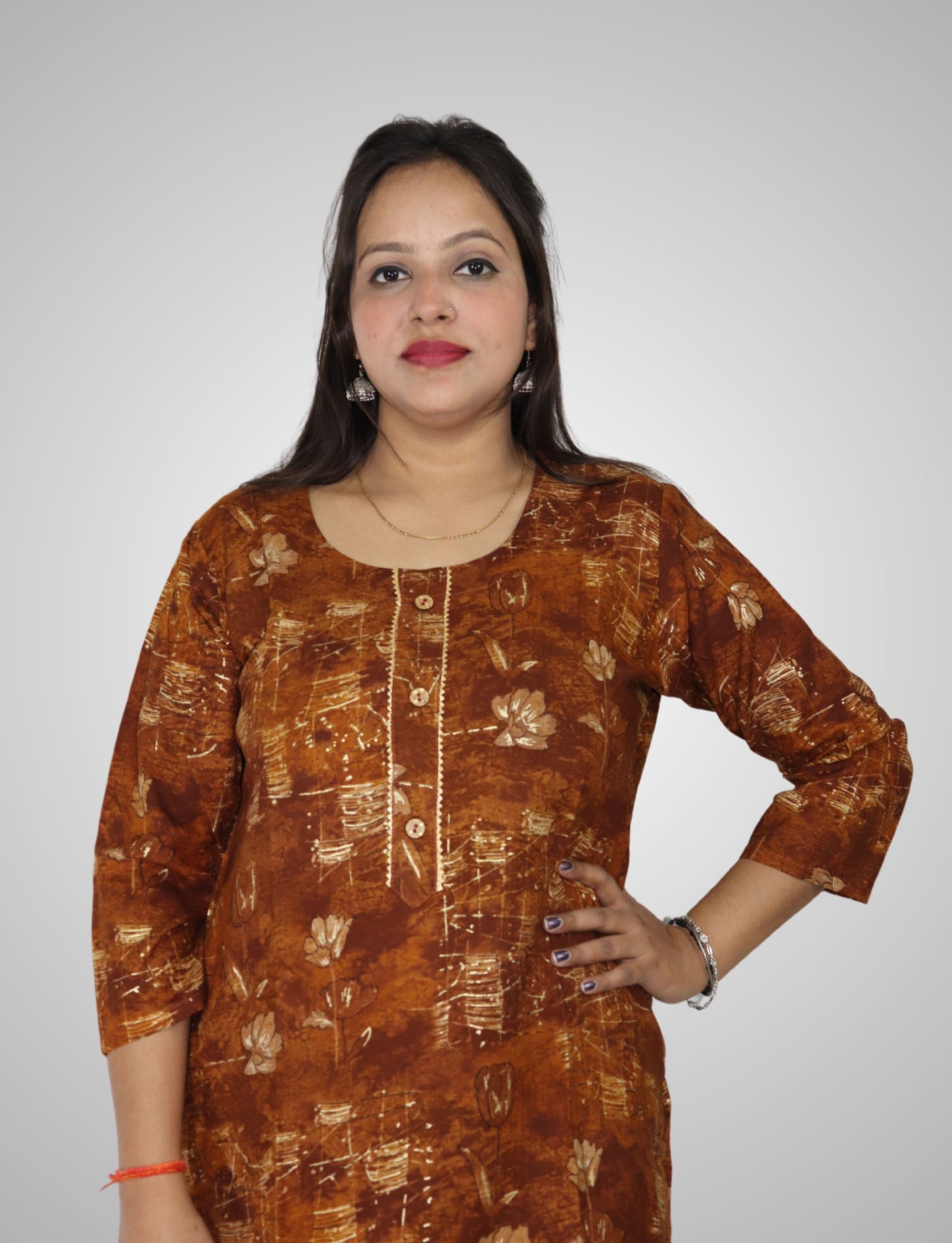 Women's Brown Floral Print Cotton Kurti, 3/4 Sleeve, Button Front, Casual Wear