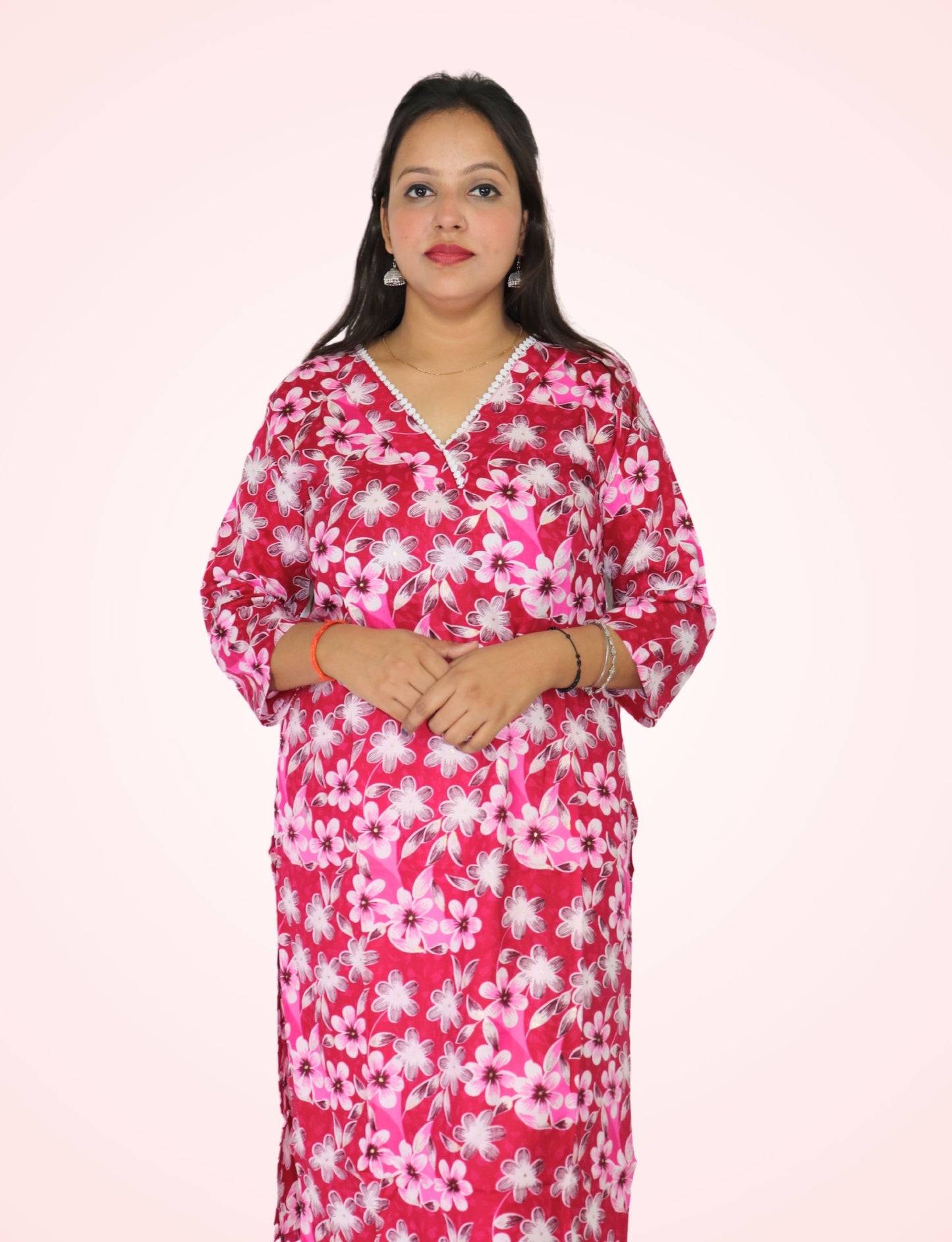 Floral Print Cotton Kurti with V-Neck, 3/4 Sleeves, Pink and White