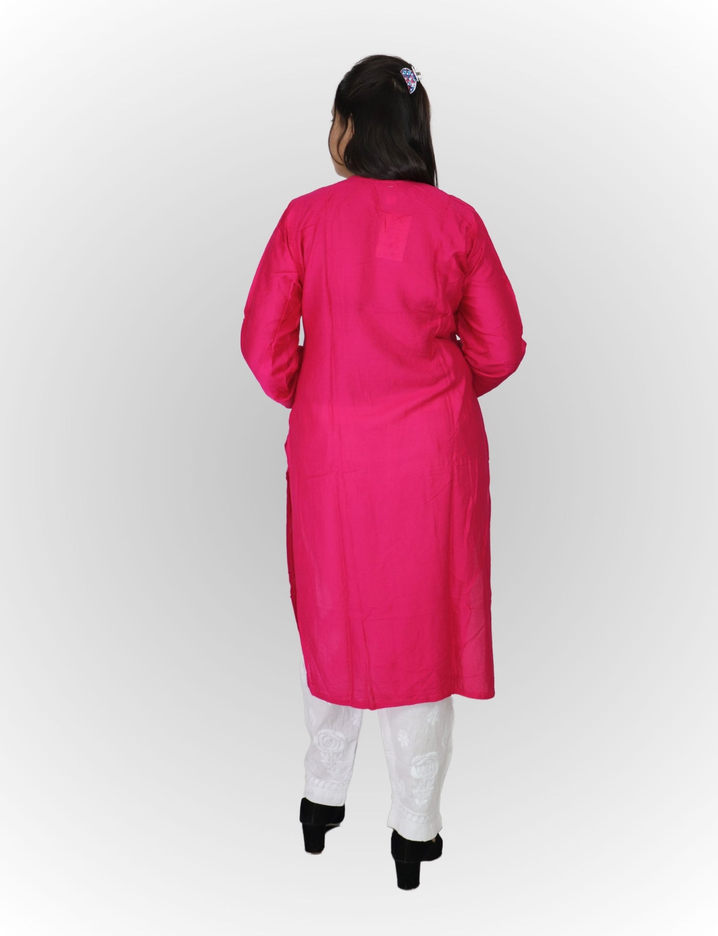 Traditional Embroidered Cotton Kurti, Pink with Floral Design, Long Sleeves