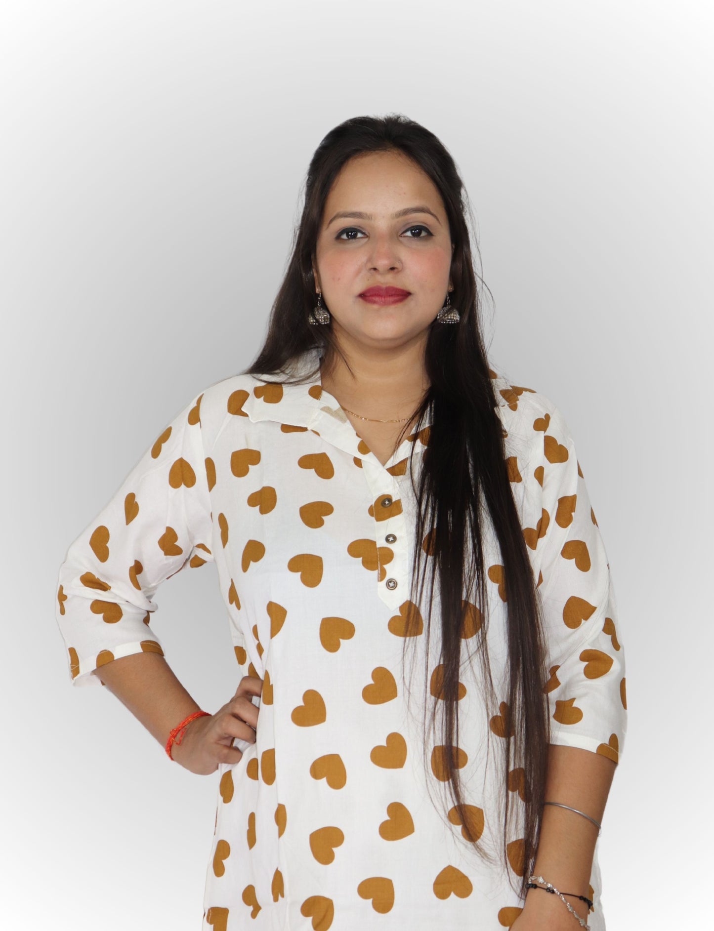 Women's Heart Print Cotton Co-ord Set, White with Brown Hearts, 3/4 Sleeve Top and Pants
