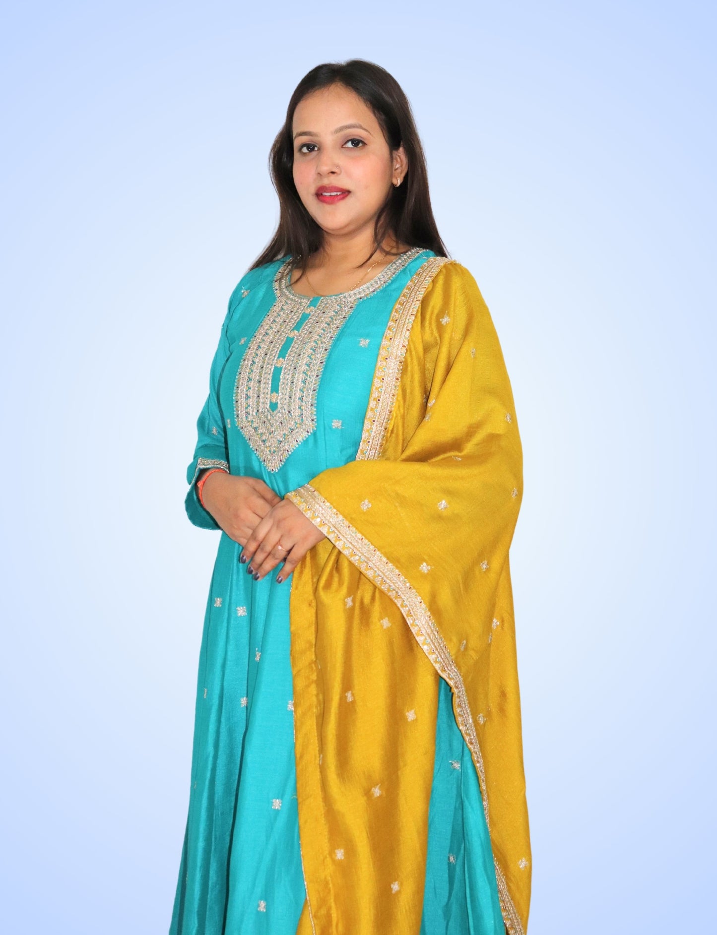 Traditional Turquoise Embroidered Anarkali Suit Set with Yellow Dupatta, 3-Piece Ethnic Wear