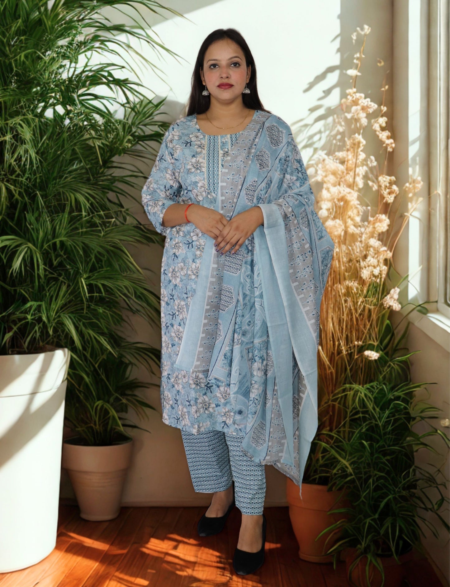 Floral Cotton Salwar Suit Set, Blue with Flowers, Matching Pants, Dupatta