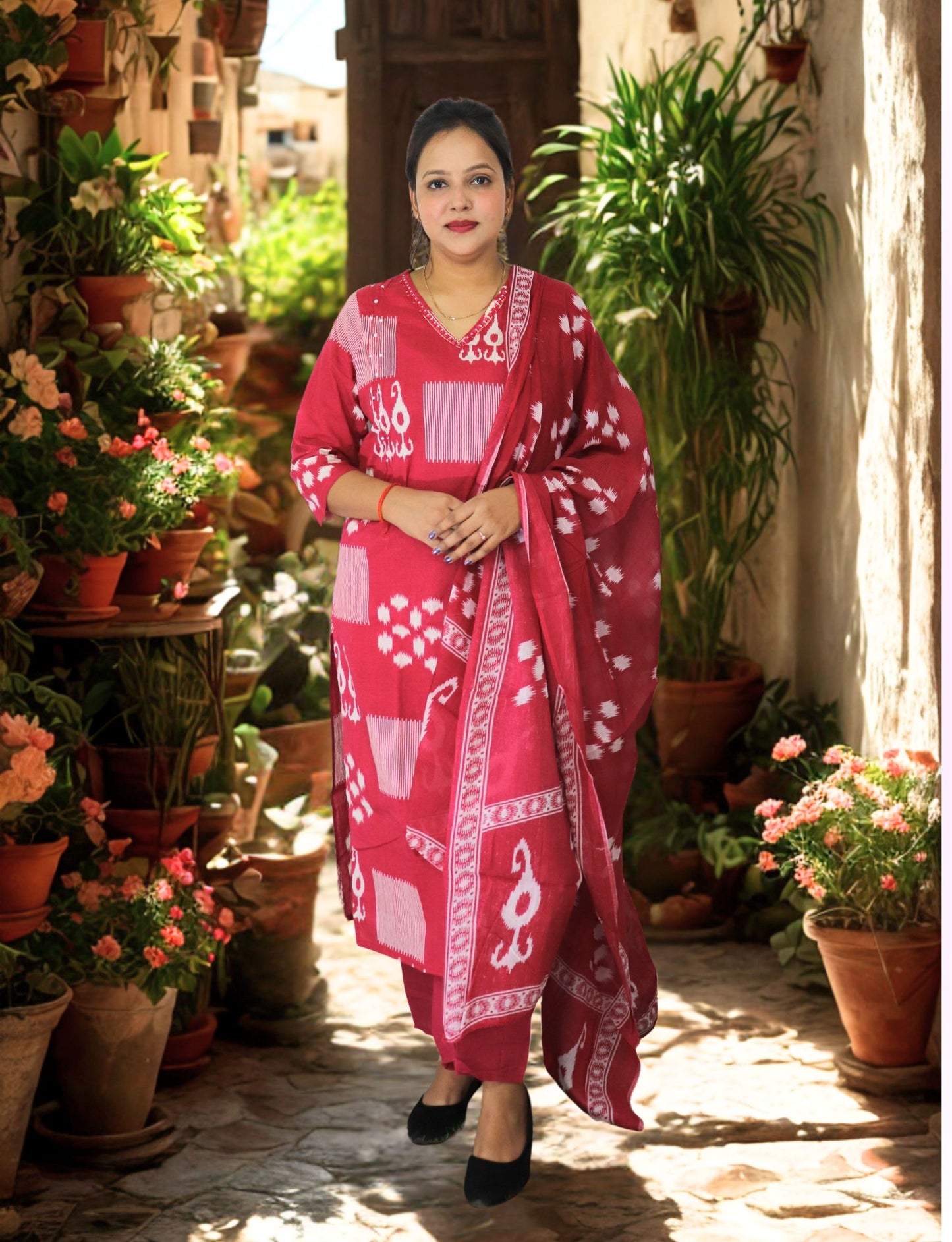 Traditional Salwar Suit Set with Dupatta, Red and White Printed, 3/4 Sleeve