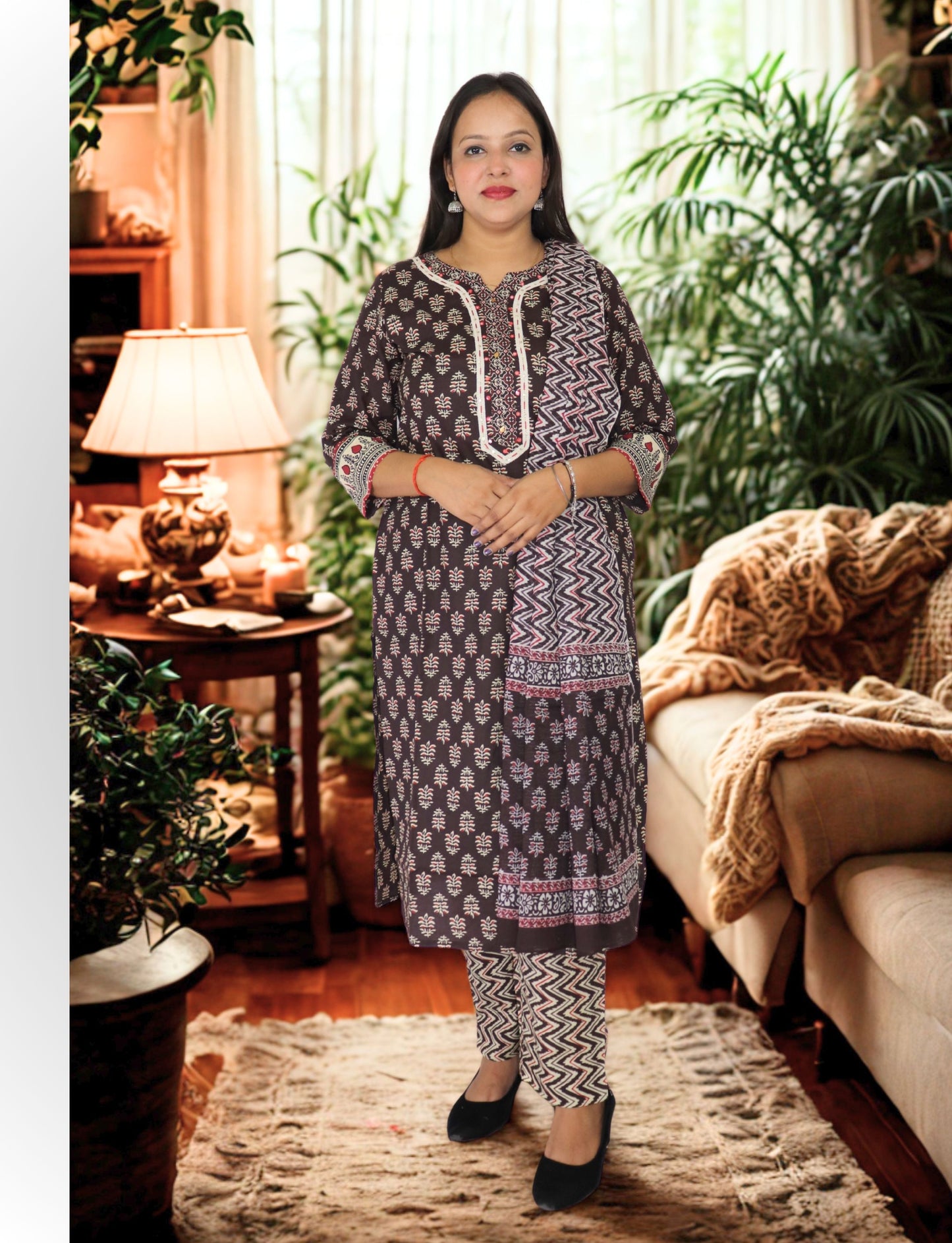 Traditional Block Print Cotton Kurta Set with Chevron Design, Brown and Pink