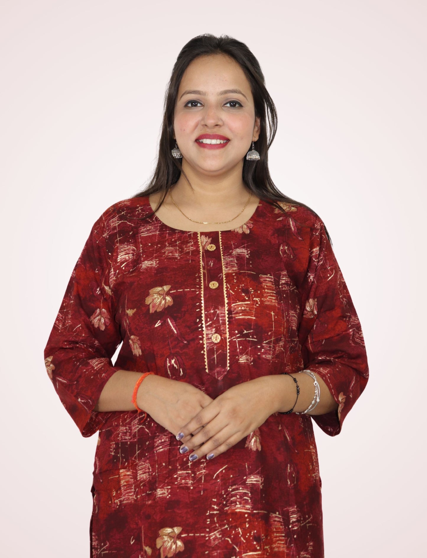 Women's Maroon Floral Print Cotton Kurti with Button Detail, 3/4 Sleeves