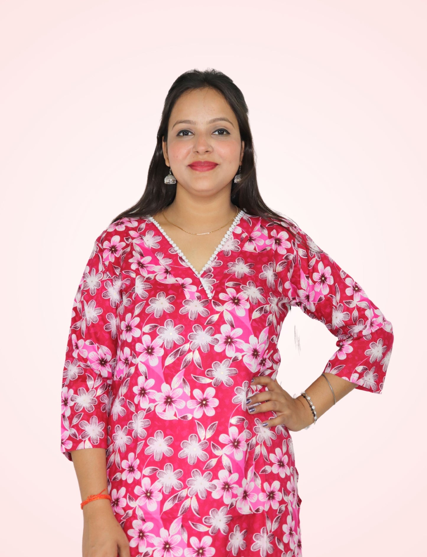 Floral Print Cotton Kurti with V-Neck, 3/4 Sleeves, Pink and White