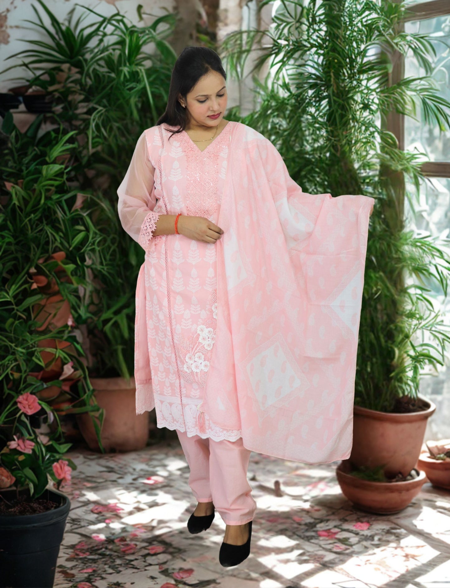 Women's Pink Embroidered Cotton Salwar Suit with Dupatta, Party Wear