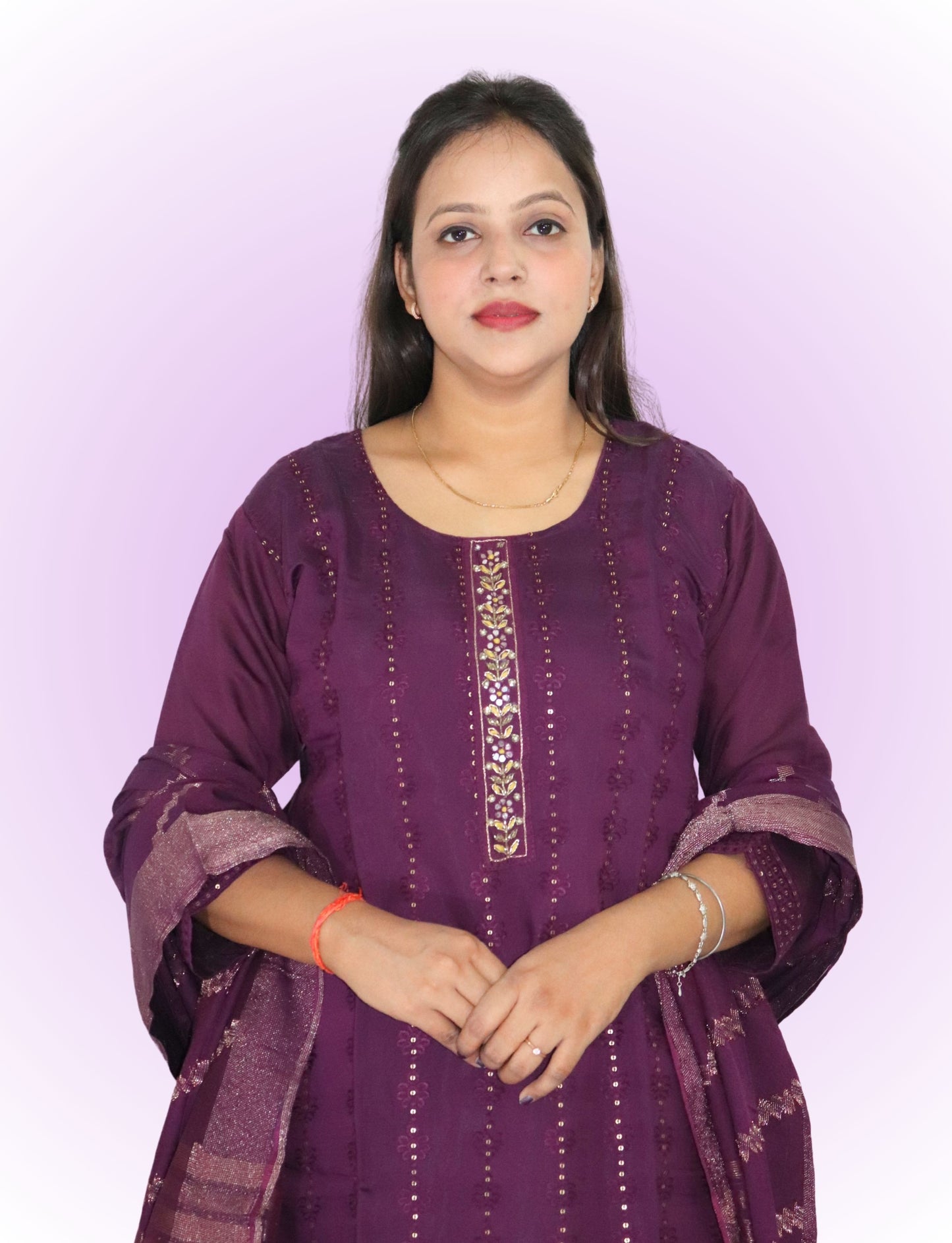 Traditional Purple Cotton Salwar Suit Set with Embroidered Kurta, Salwar and Dupatta